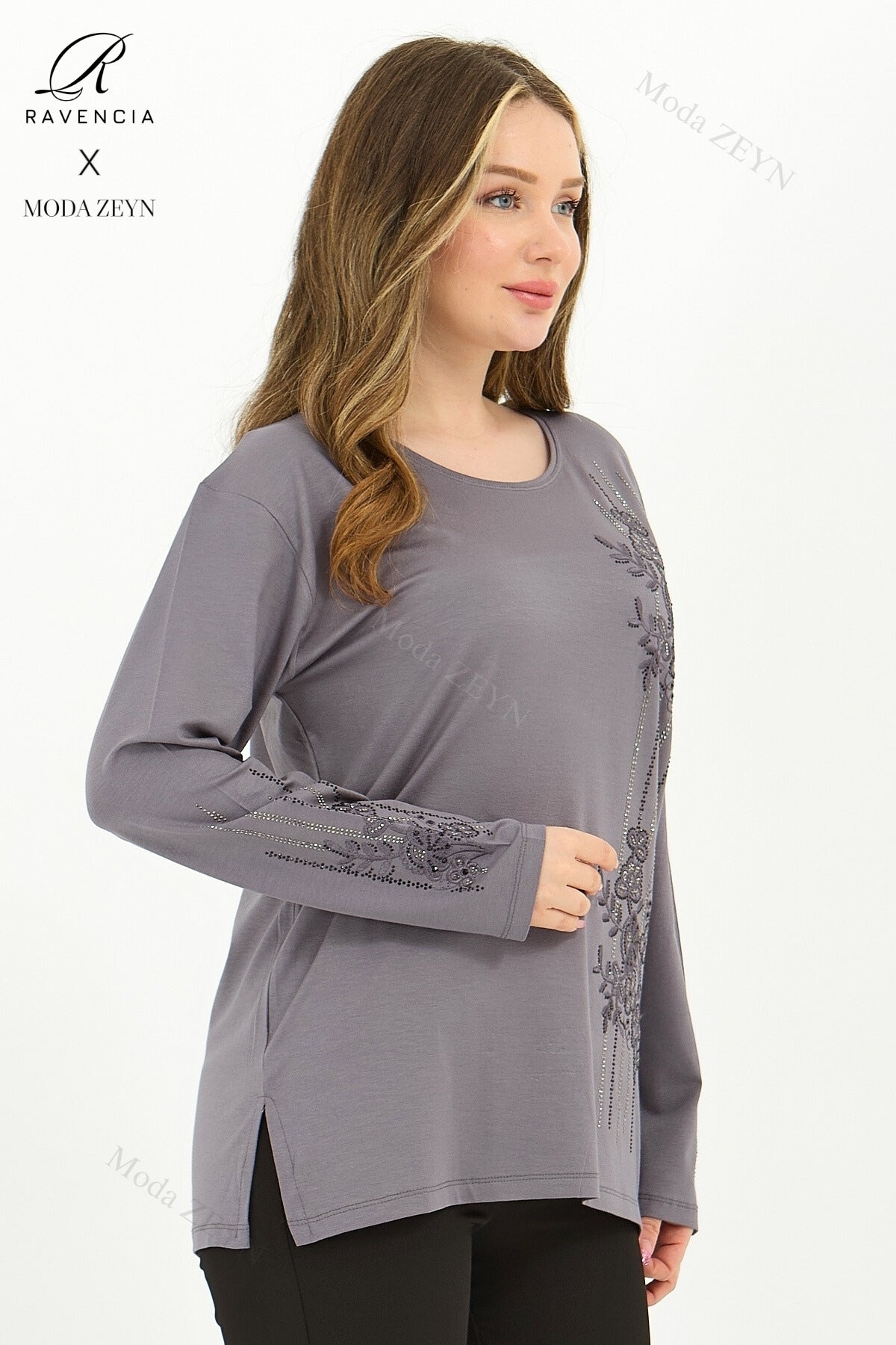 Kadın Orta Yaş Ve Üzeri Viskon Şerit Desen Taşlı Işlemeli Likralı Koyu Kahverengi Anne Penye Bluz