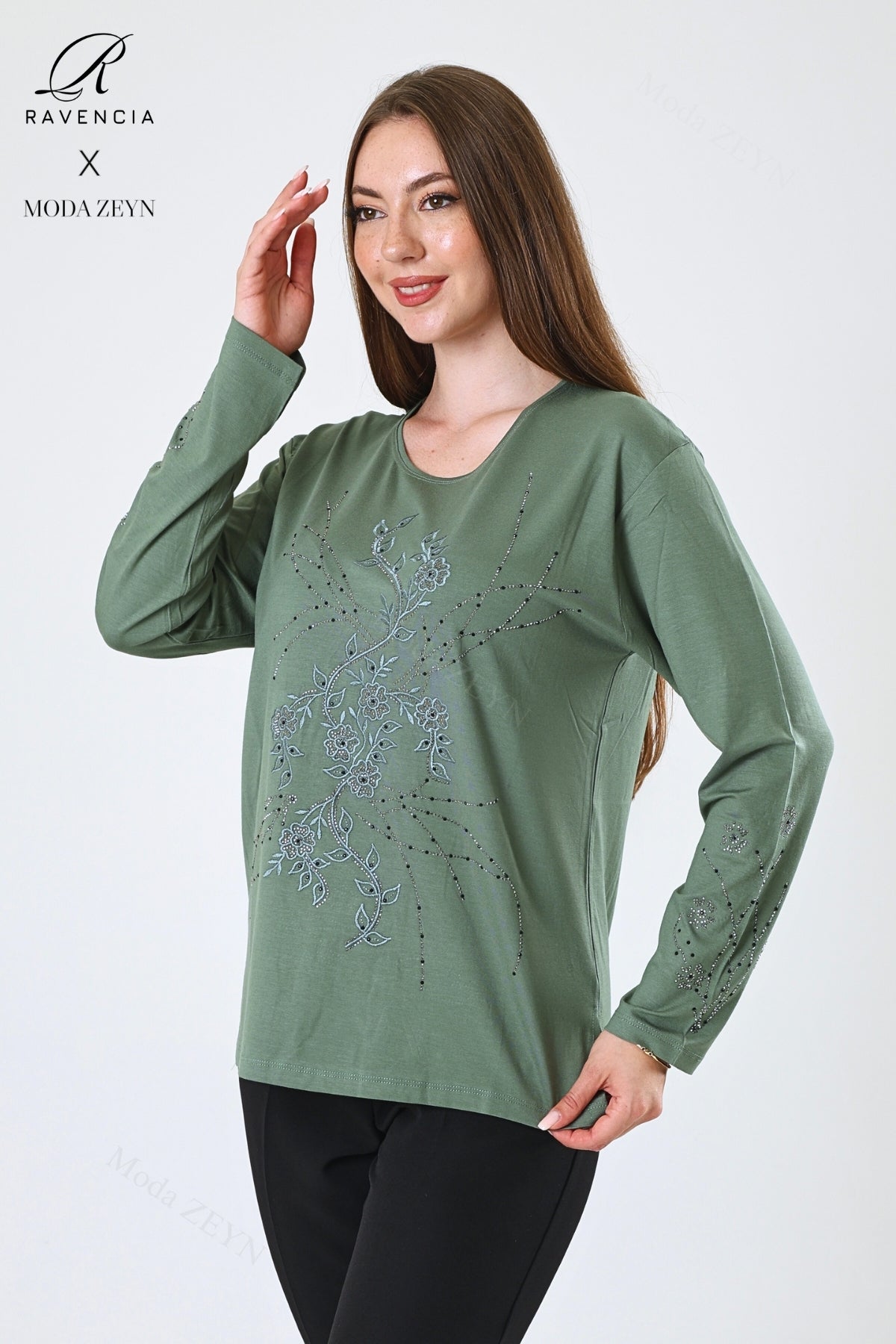 Kadın Viskon Yeni Kaplama Desen Taşlı Işlemeli Likralı Anne Penye Bluz