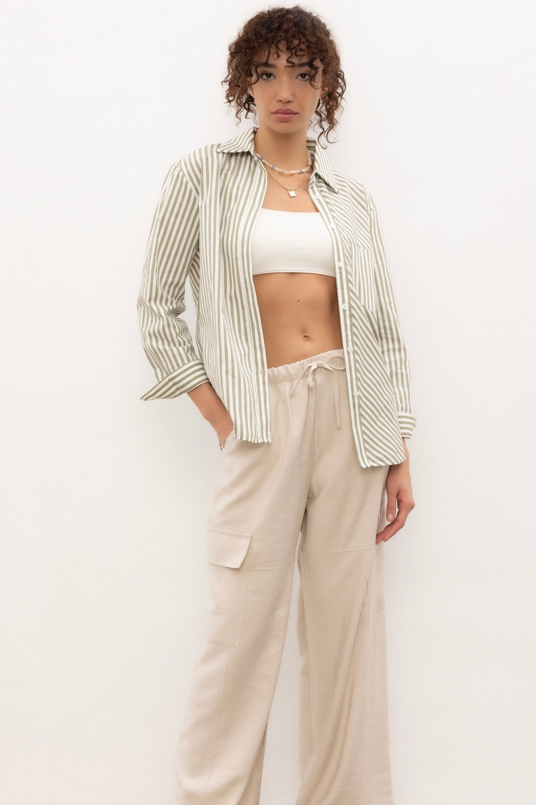 Kadın Cizgili Cepli Oversize Gömlek