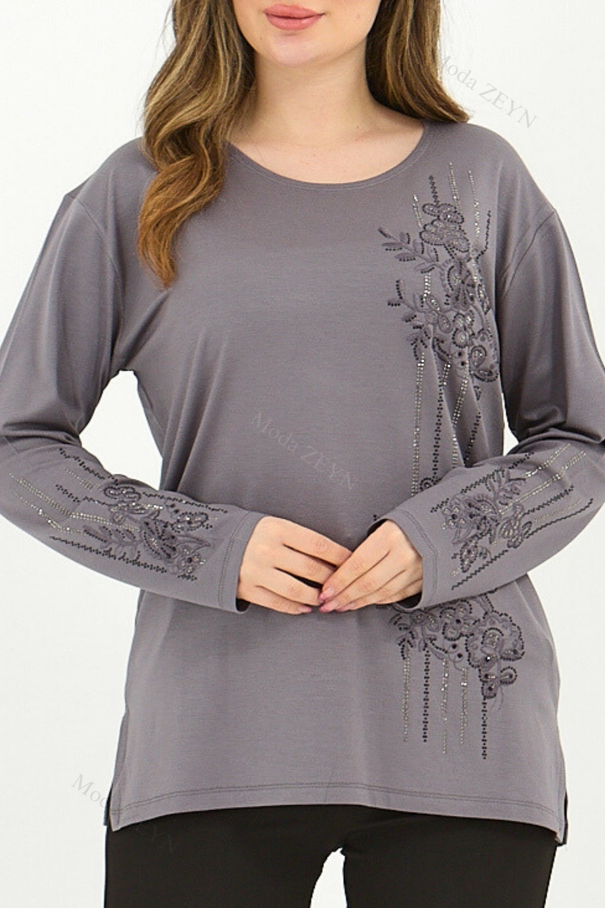 Kadın Orta Yaş Ve Üzeri Viskon Şerit Desen Taşlı Işlemeli Likralı Koyu Kahverengi Anne Penye Bluz