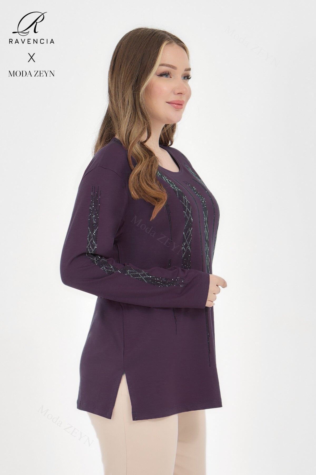 Kadın Viskon Düz Cizgi Taşlı İşlemeli Likralı Anne Penye Bluz