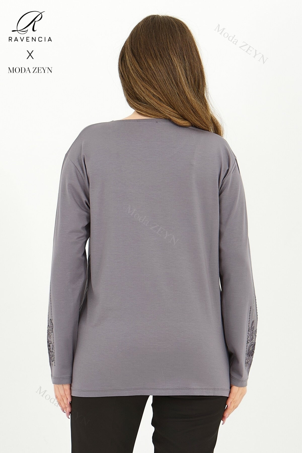 Kadın Orta Yaş Ve Üzeri Viskon Şerit Desen Taşlı Işlemeli Likralı Koyu Kahverengi Anne Penye Bluz