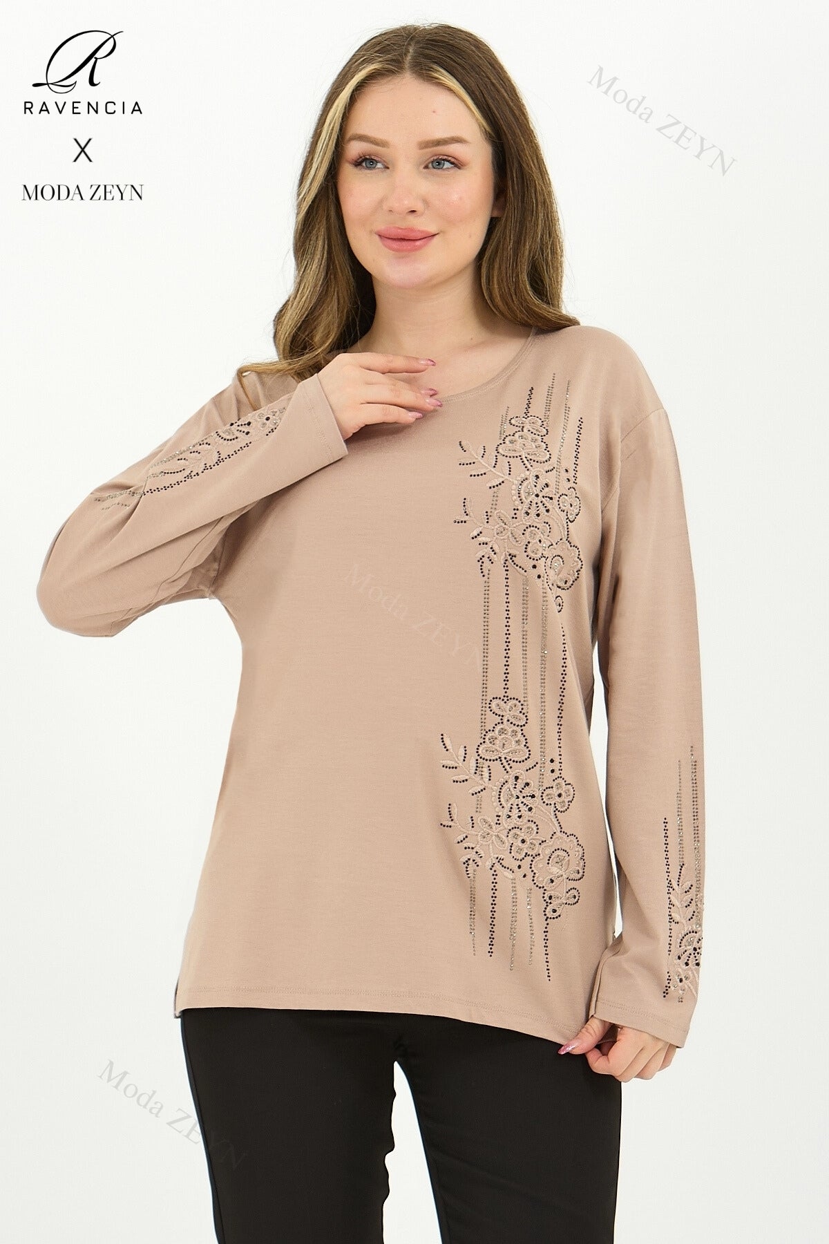 Kadın Orta Yaş Ve Üzeri Viskon Şerit Desen Taşlı Işlemeli Likralı Koyu Kahverengi Anne Penye Bluz