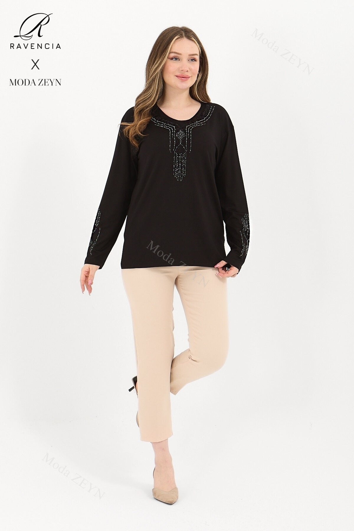 Kadın Orta Yaş Ve Üzeri Viskon Madolyon Desen Taşlı Işlemeli Likralı Anne Penye Bluz