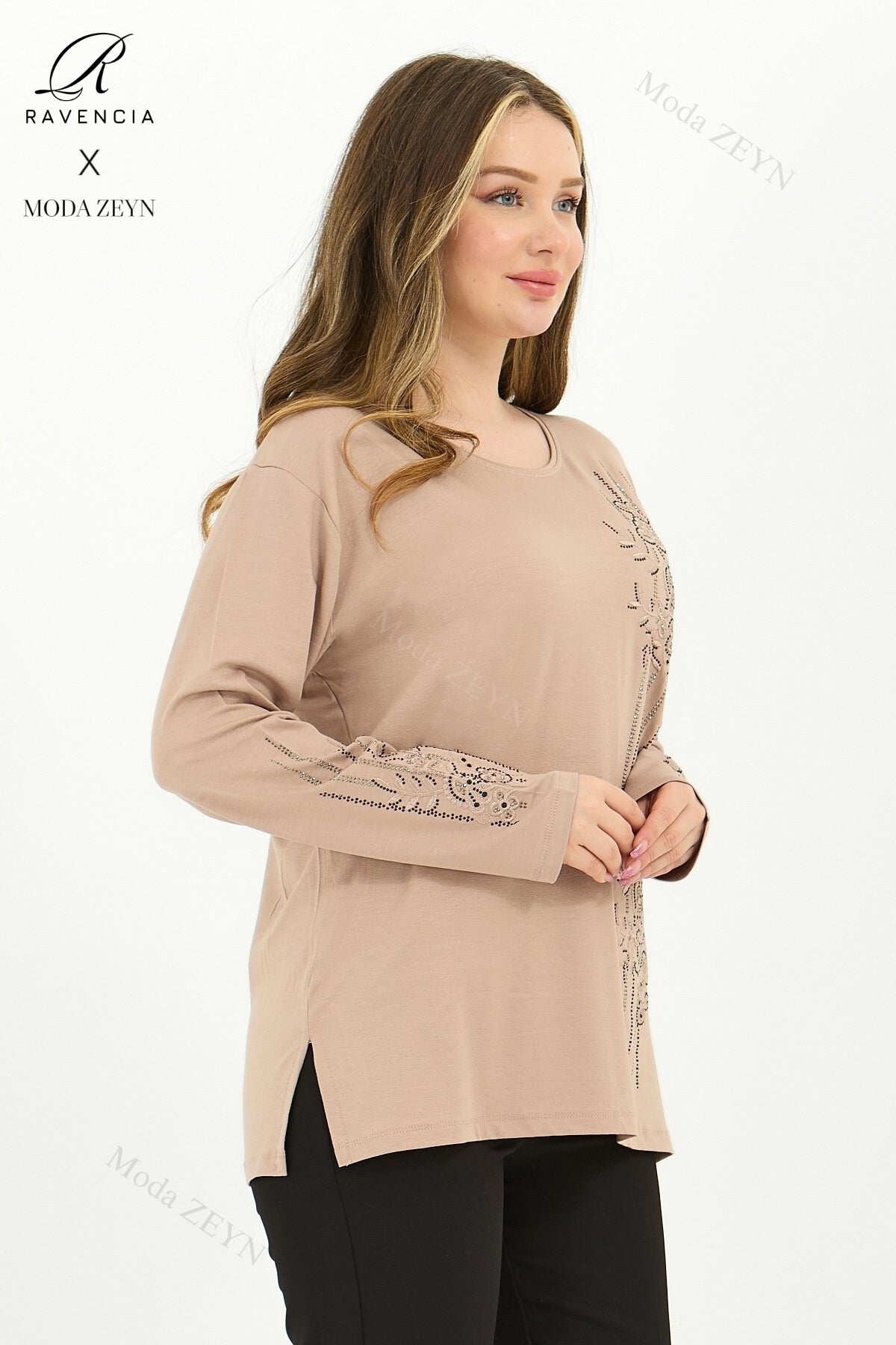 Kadın Orta Yaş Ve Üzeri Viskon Şerit Desen Taşlı Işlemeli Likralı Koyu Kahverengi Anne Penye Bluz