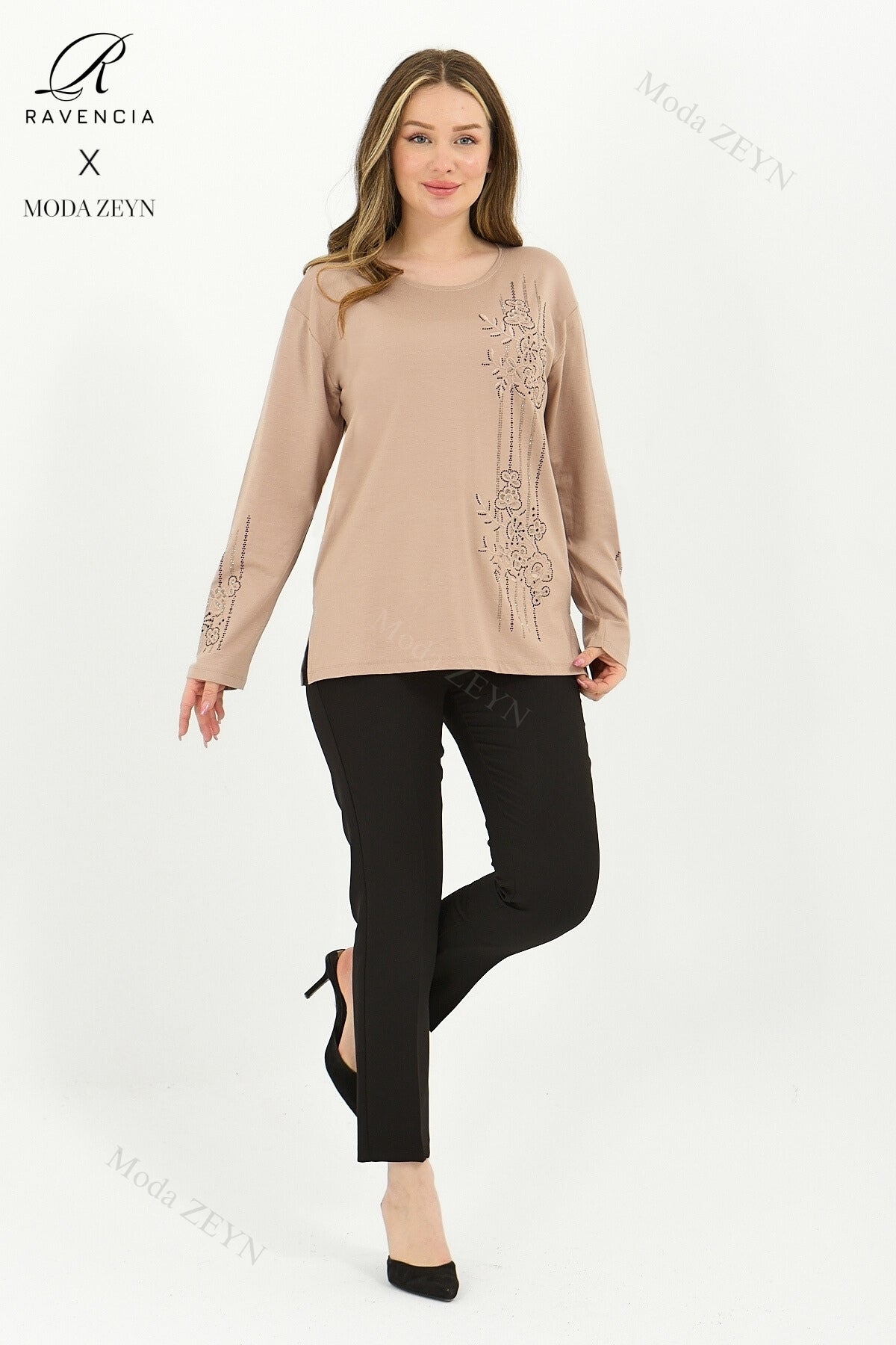 Kadın Orta Yaş Ve Üzeri Viskon Şerit Desen Taşlı Işlemeli Likralı Koyu Kahverengi Anne Penye Bluz