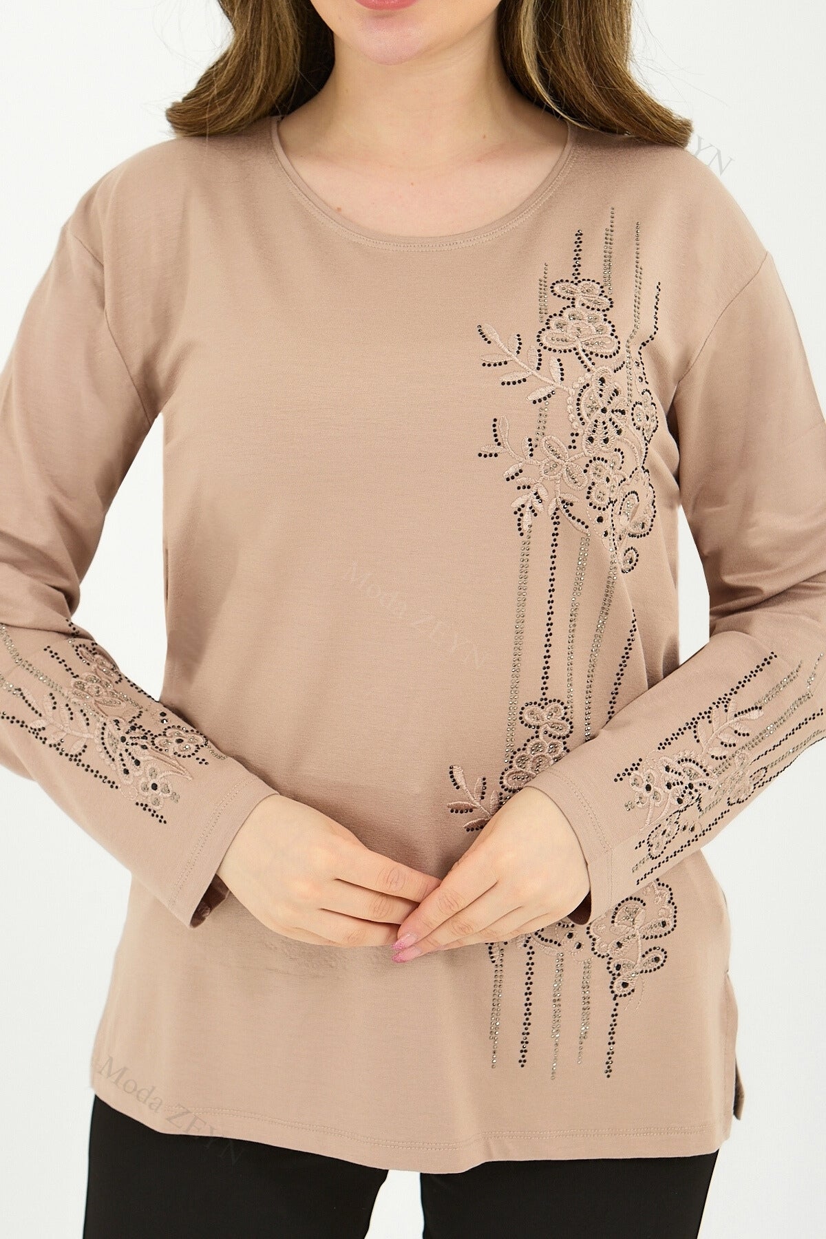 Kadın Orta Yaş Ve Üzeri Viskon Şerit Desen Taşlı Işlemeli Likralı Koyu Kahverengi Anne Penye Bluz