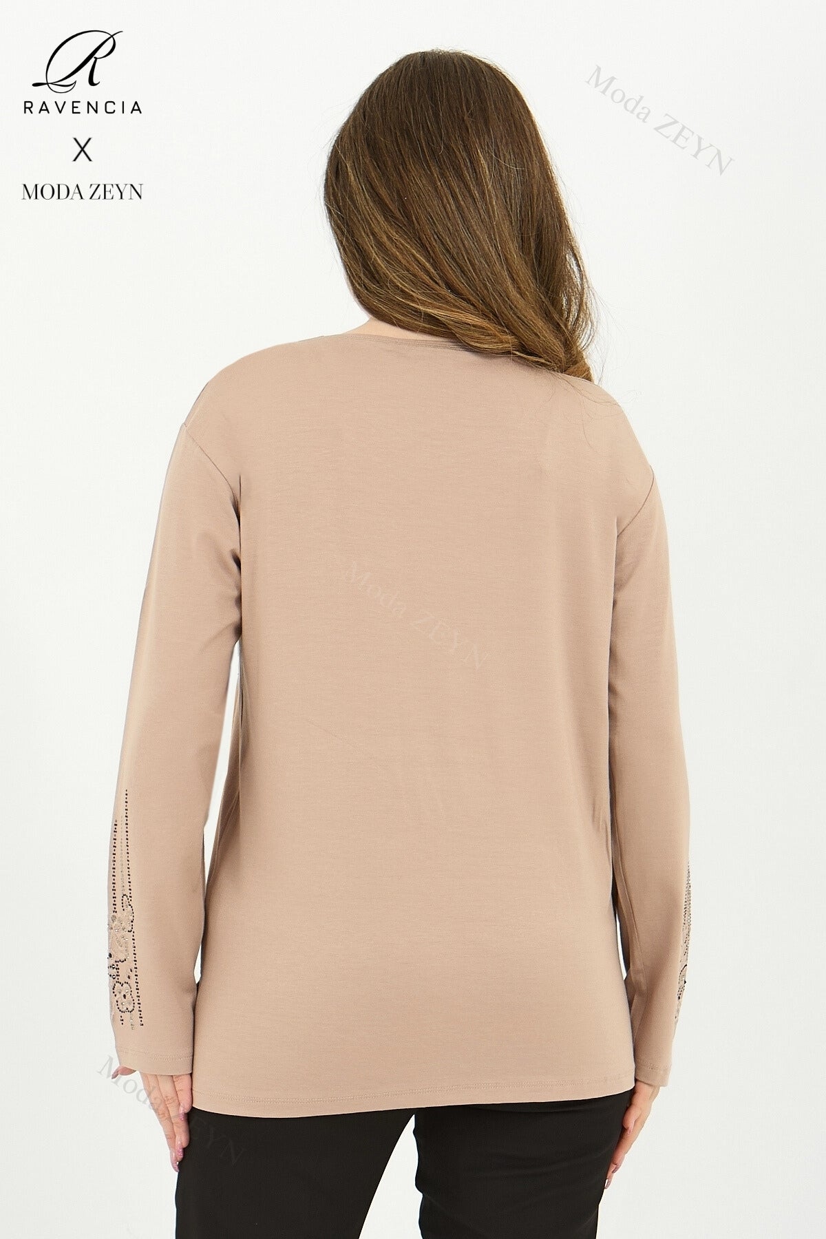 Kadın Orta Yaş Ve Üzeri Viskon Şerit Desen Taşlı Işlemeli Likralı Koyu Kahverengi Anne Penye Bluz