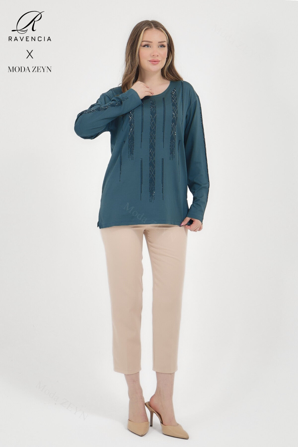 Kadın Viskon Düz Cizgi Taşlı İşlemeli Likralı Anne Penye Bluz