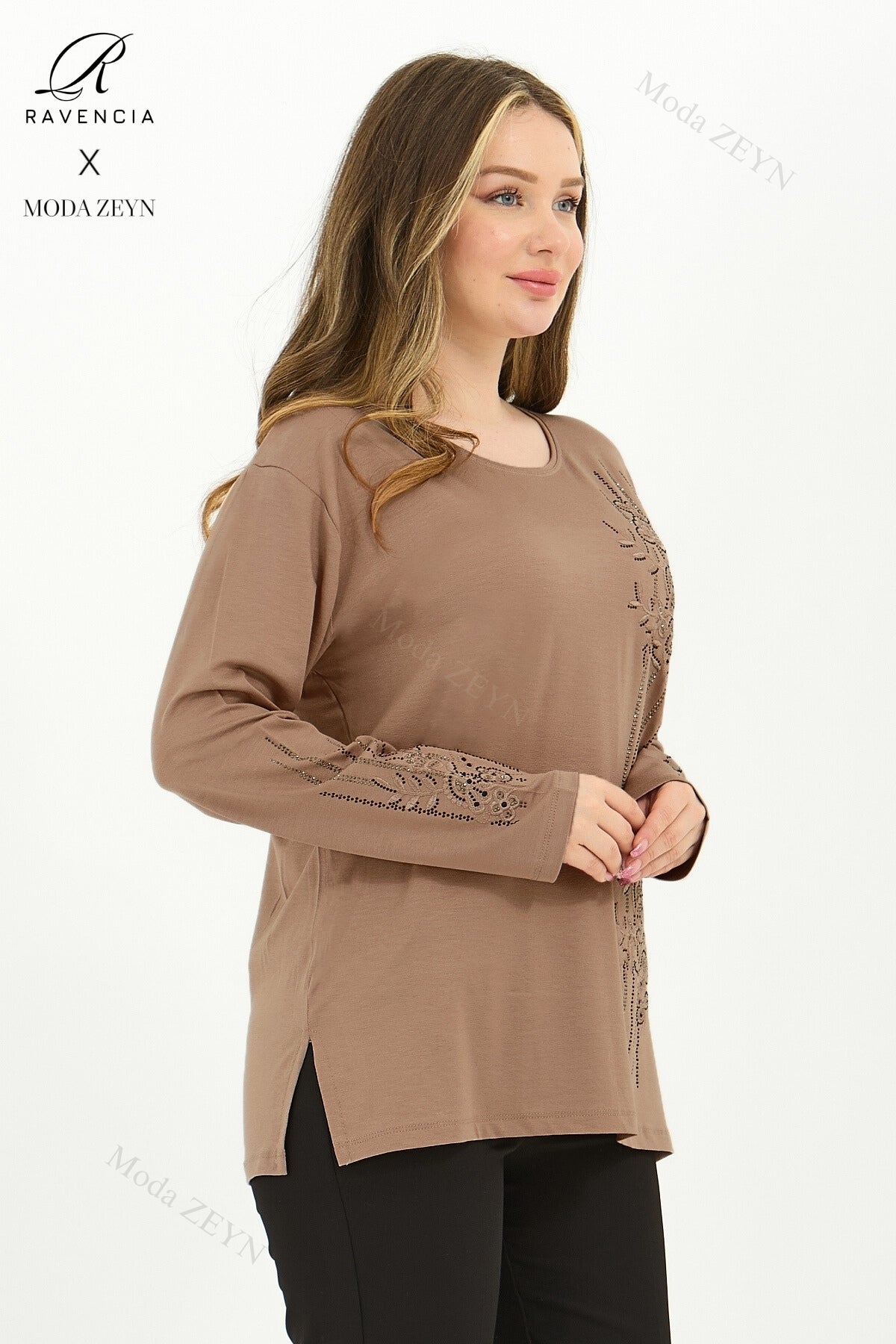 Kadın Orta Yaş Ve Üzeri Viskon Şerit Desen Taşlı Işlemeli Likralı Koyu Kahverengi Anne Penye Bluz