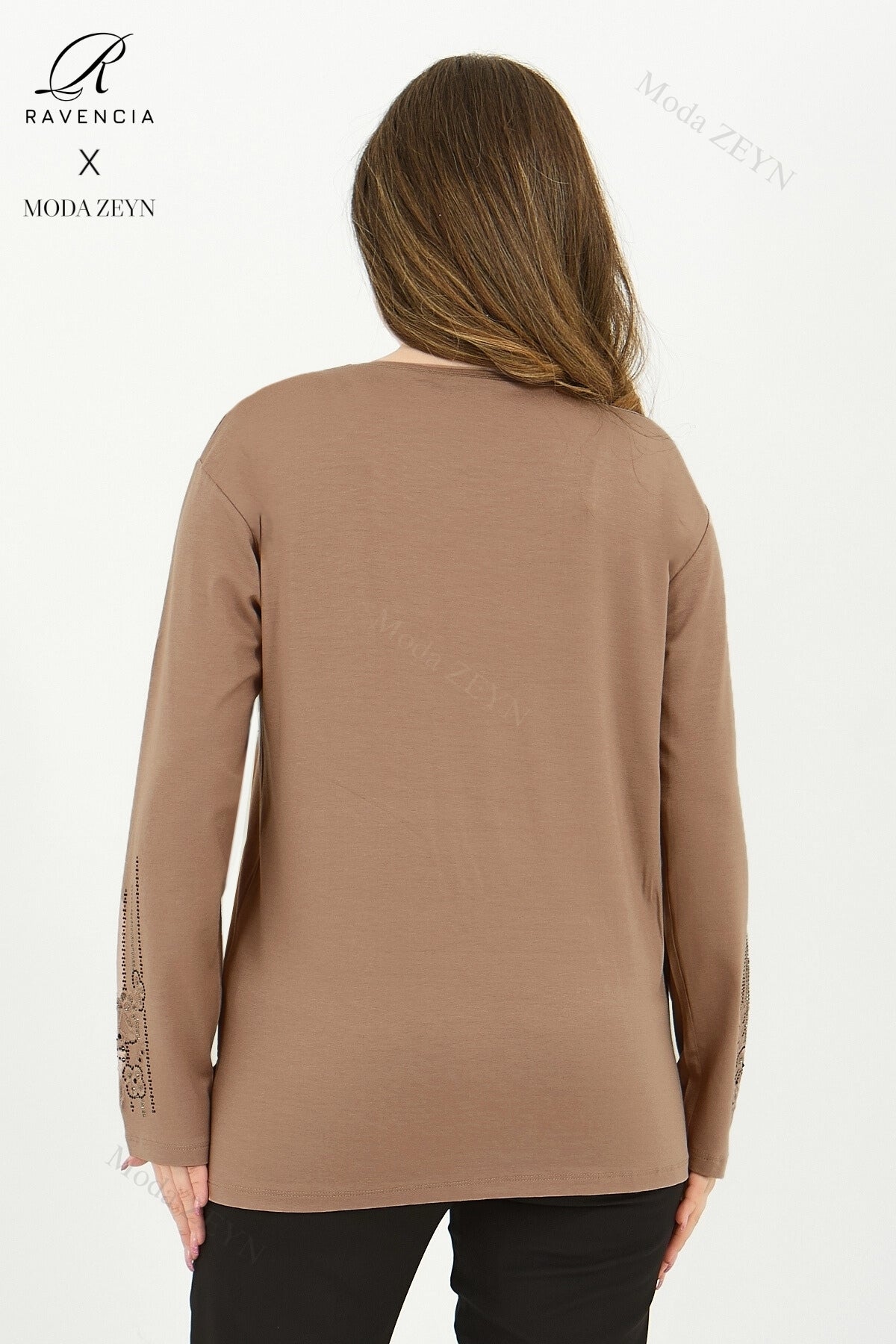 Kadın Orta Yaş Ve Üzeri Viskon Şerit Desen Taşlı Işlemeli Likralı Koyu Kahverengi Anne Penye Bluz