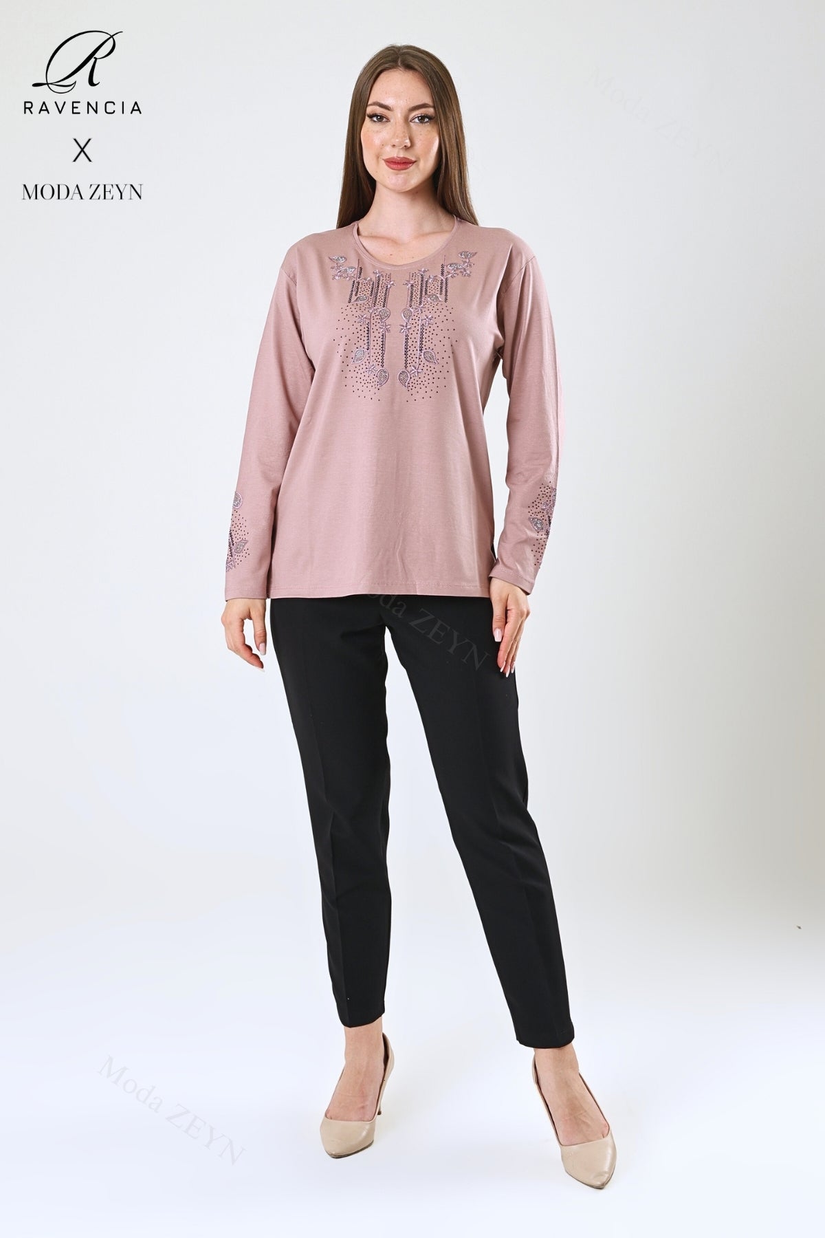 Kadın Çift Damla Dal Desenli Taşlı Işlemeli Yırtmaçlı Likralı Viskon Anne Penye Bluz