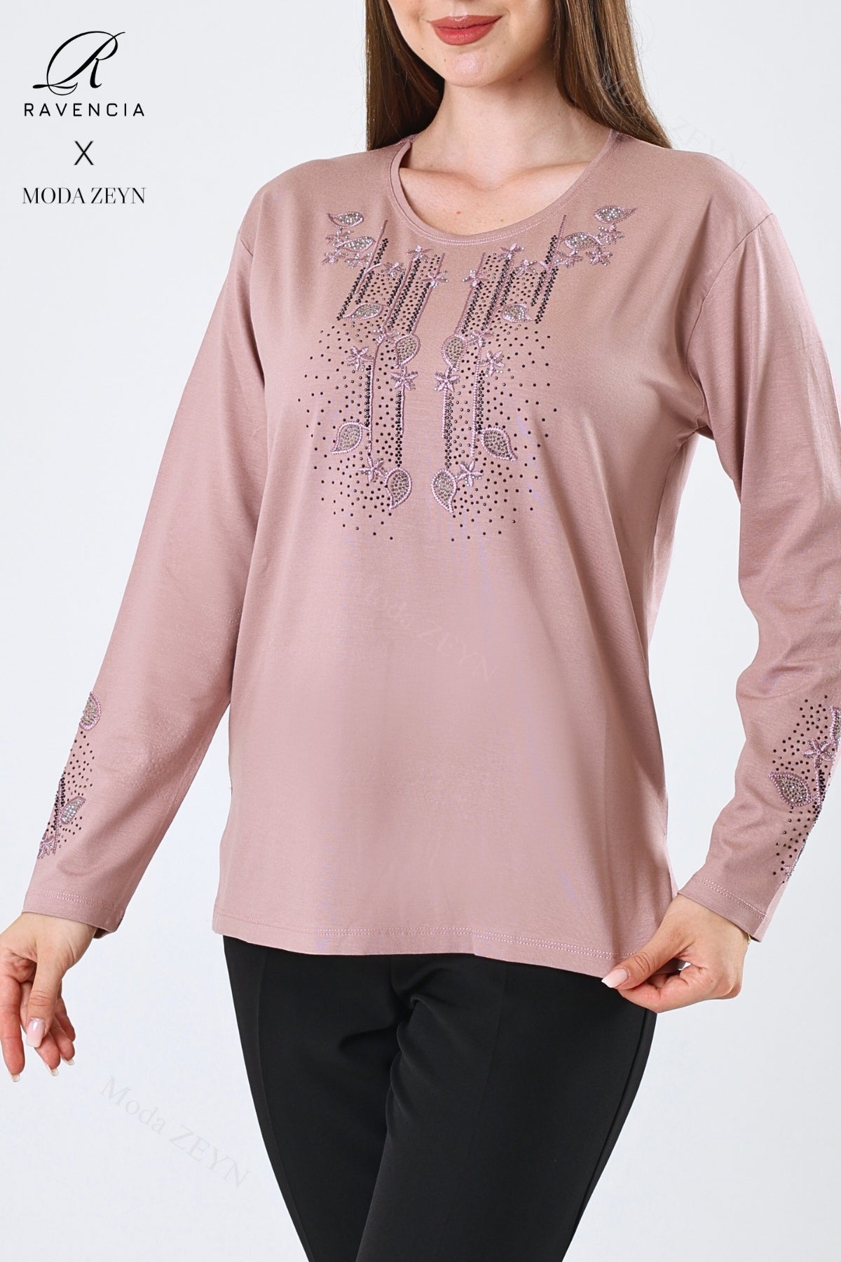 Kadın Çift Damla Dal Desenli Taşlı Işlemeli Yırtmaçlı Likralı Viskon Anne Penye Bluz