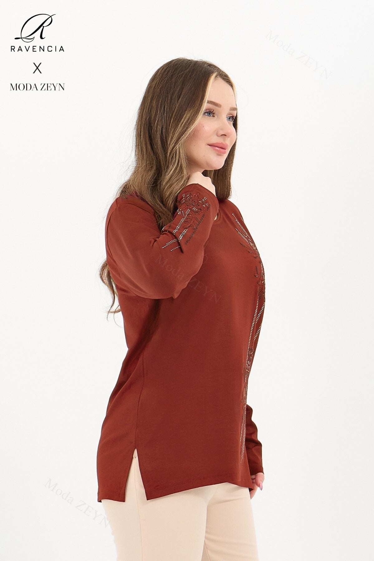 Kadın Orta Yaş Ve Üzeri Viskon Şerit Desen Taşlı Işlemeli Likralı Koyu Kahverengi Anne Penye Bluz