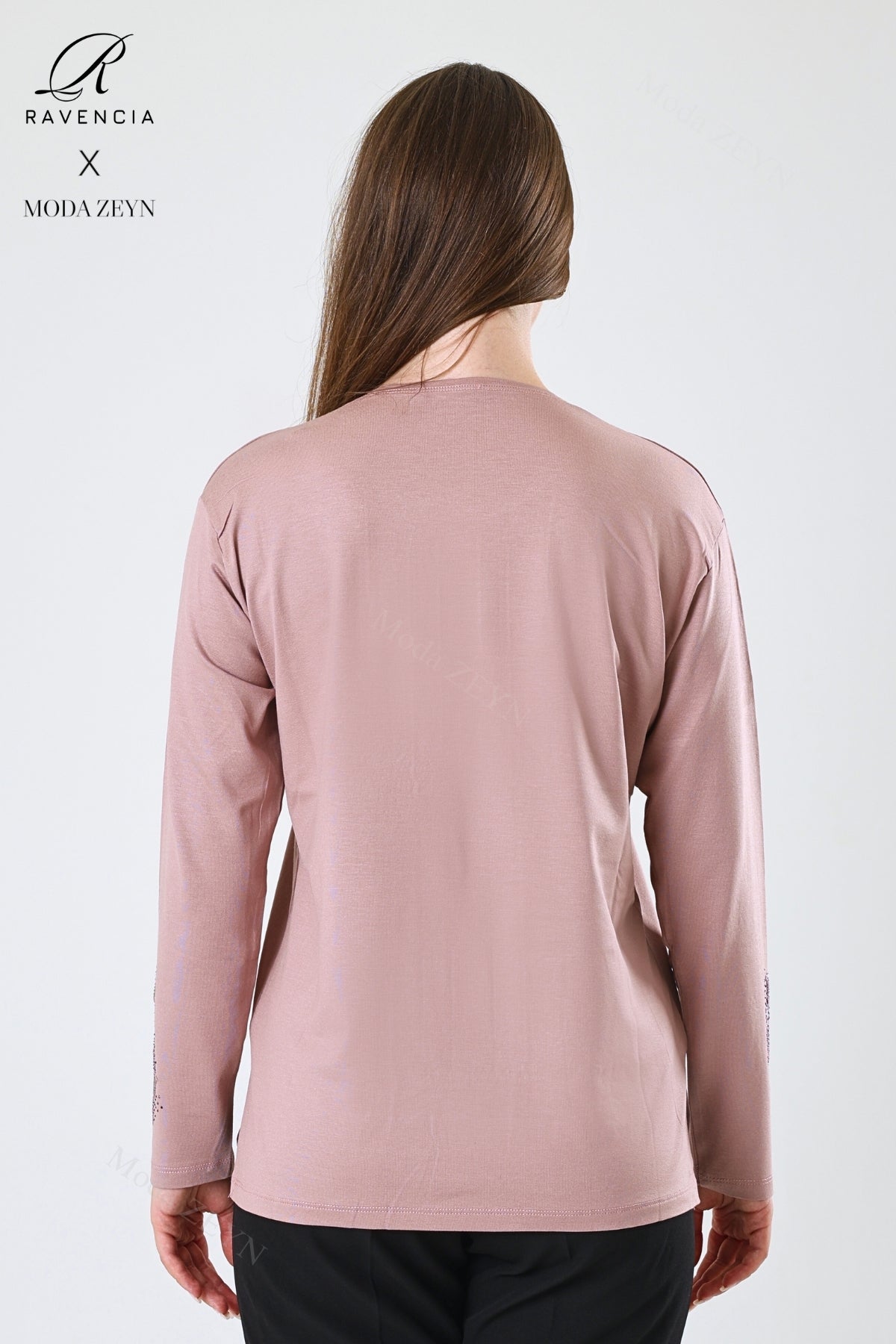 Kadın Çift Damla Dal Desenli Taşlı Işlemeli Yırtmaçlı Likralı Viskon Anne Penye Bluz