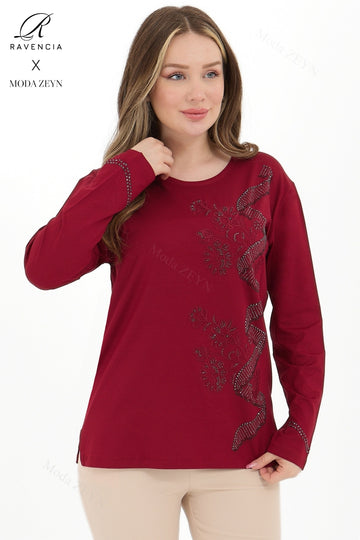 Kadın Orta Yaş Ve Üzeri Viskon Sarmal Desen Taşlı İşlemeli Likralı Yesil Anne Penye Bluz