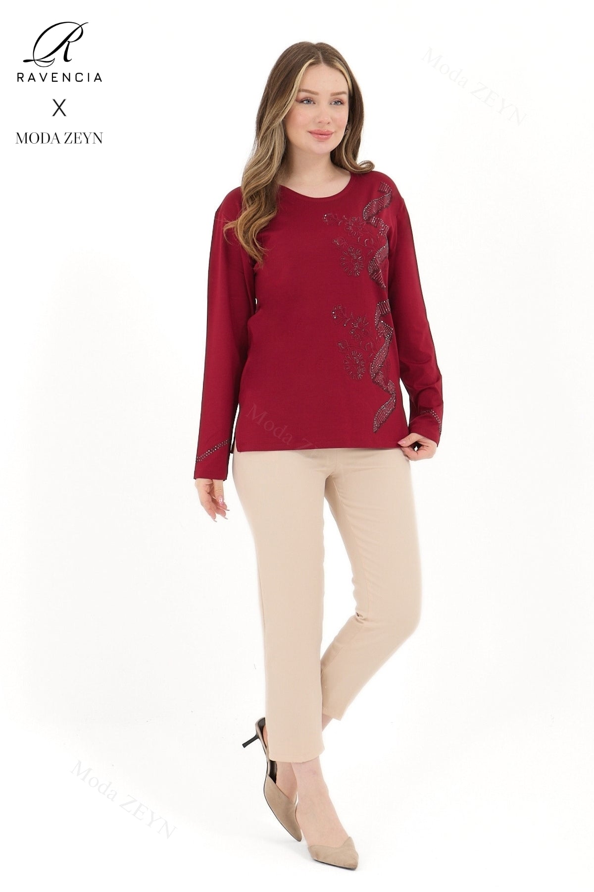 Kadın Viskon Sarmal Desen Taşlı İşlemeli Likralı Anne Penye Bluz