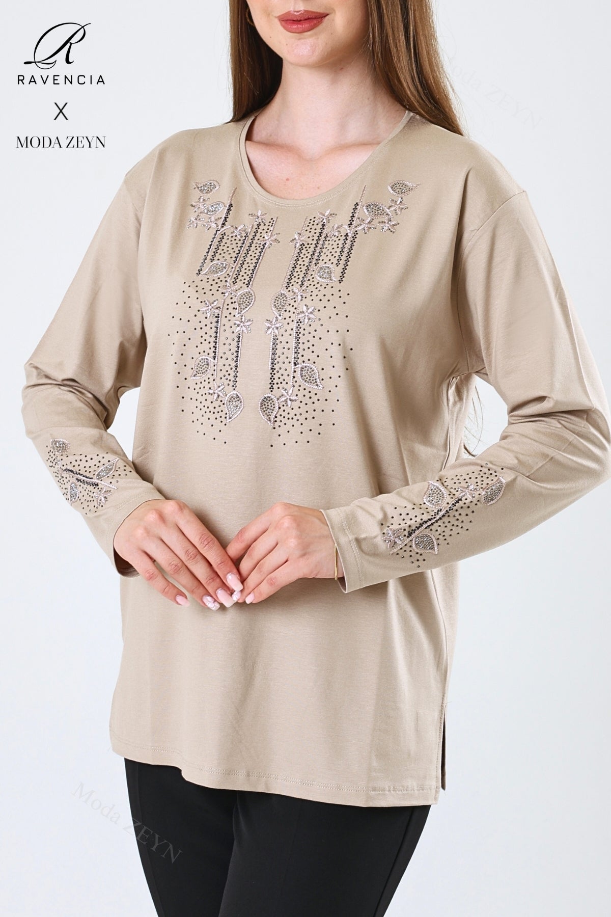 Kadın Çift Damla Dal Desenli Taşlı Işlemeli Yırtmaçlı Likralı Viskon Anne Penye Bluz