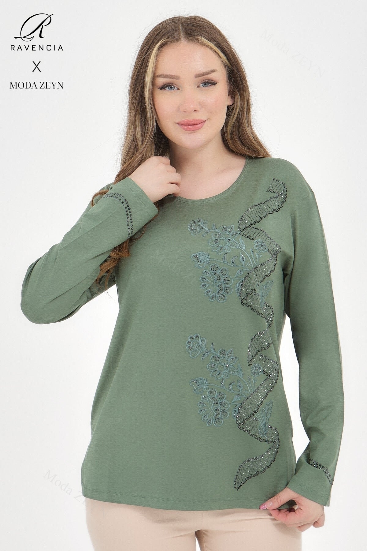 Kadın Orta Yaş Ve Üzeri Viskon Sarmal Desen Taşlı İşlemeli Likralı Yesil Anne Penye Bluz