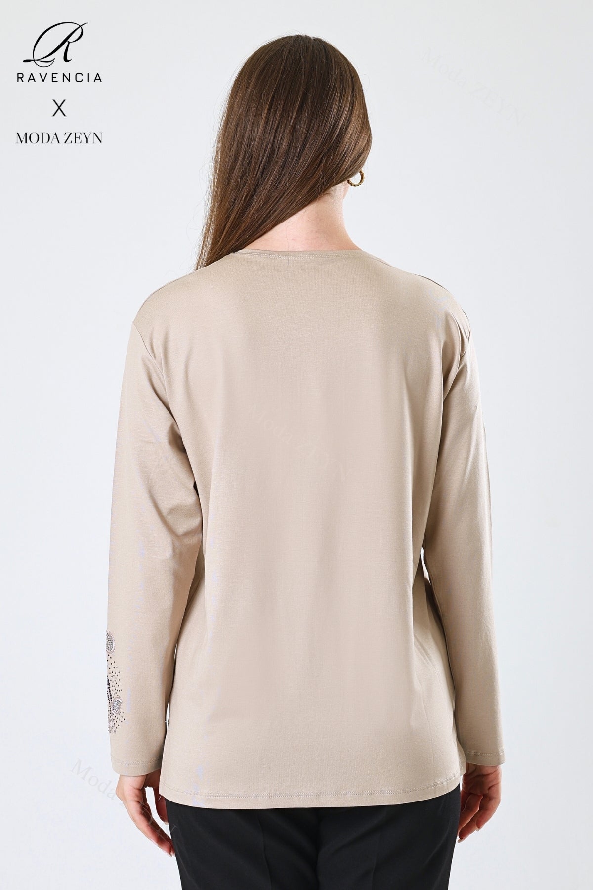 Kadın Çift Damla Dal Desenli Taşlı Işlemeli Yırtmaçlı Likralı Viskon Anne Penye Bluz