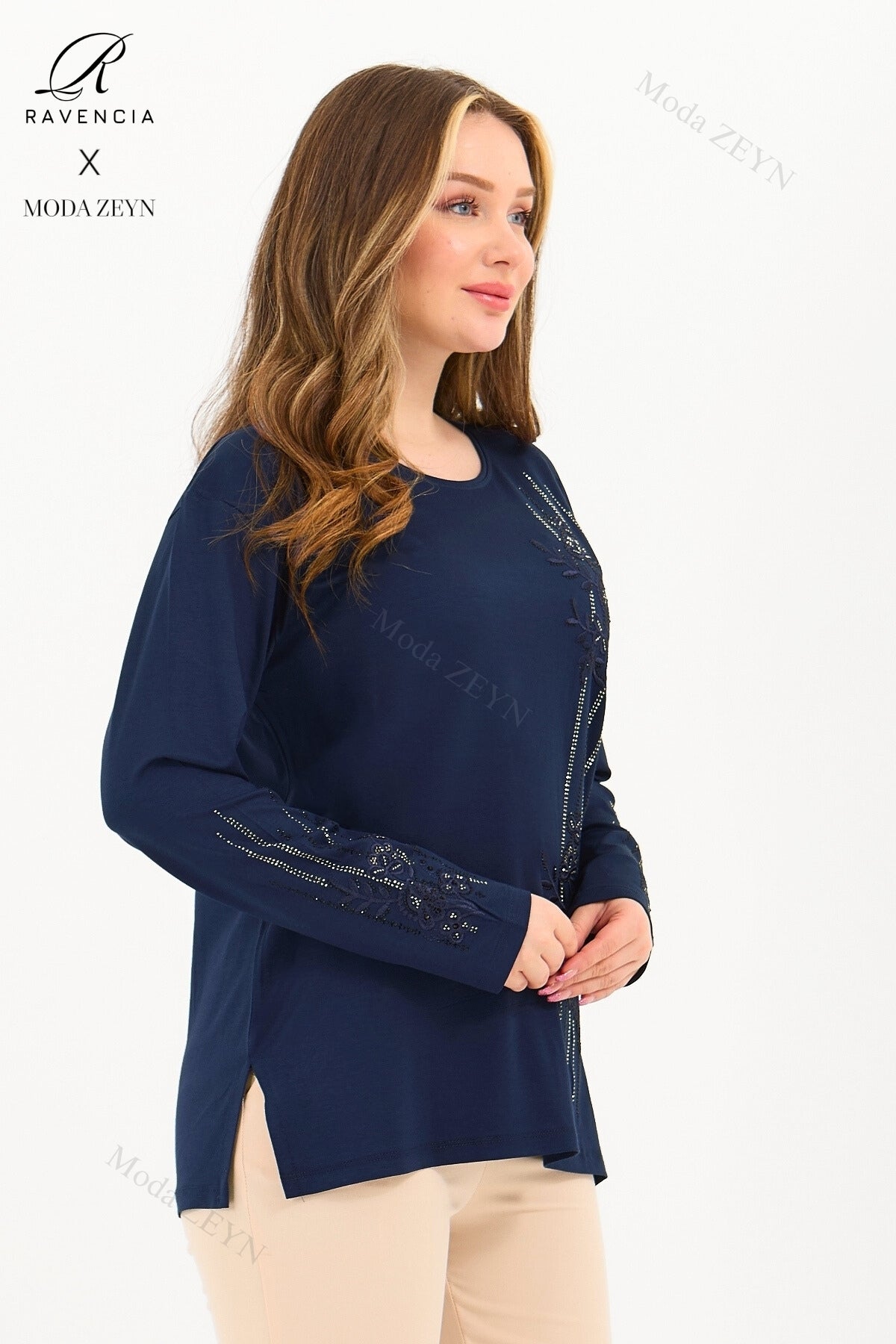 Kadın Orta Yaş Ve Üzeri Viskon Şerit Desen Taşlı Işlemeli Likralı Koyu Kahverengi Anne Penye Bluz