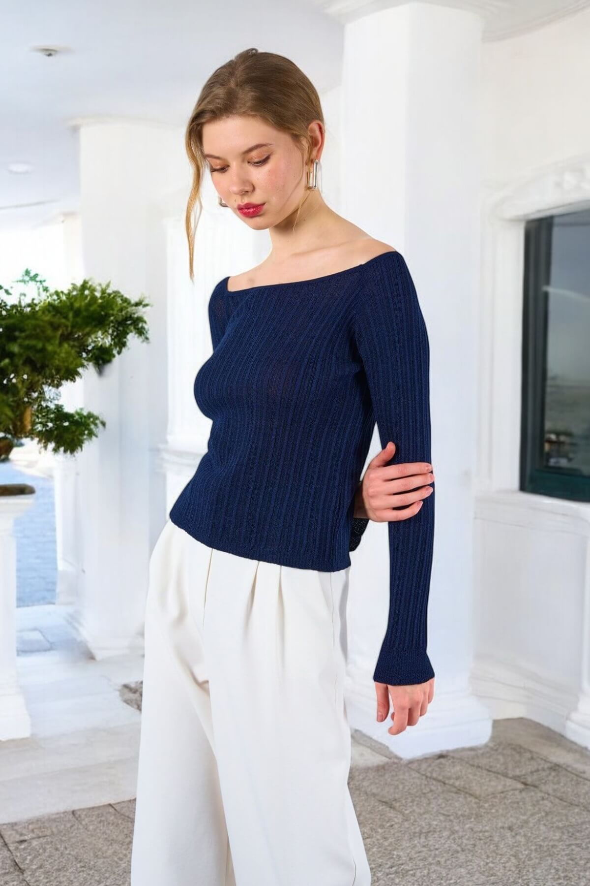 Kadın Premium Kalite Kayık Yaka Kazak