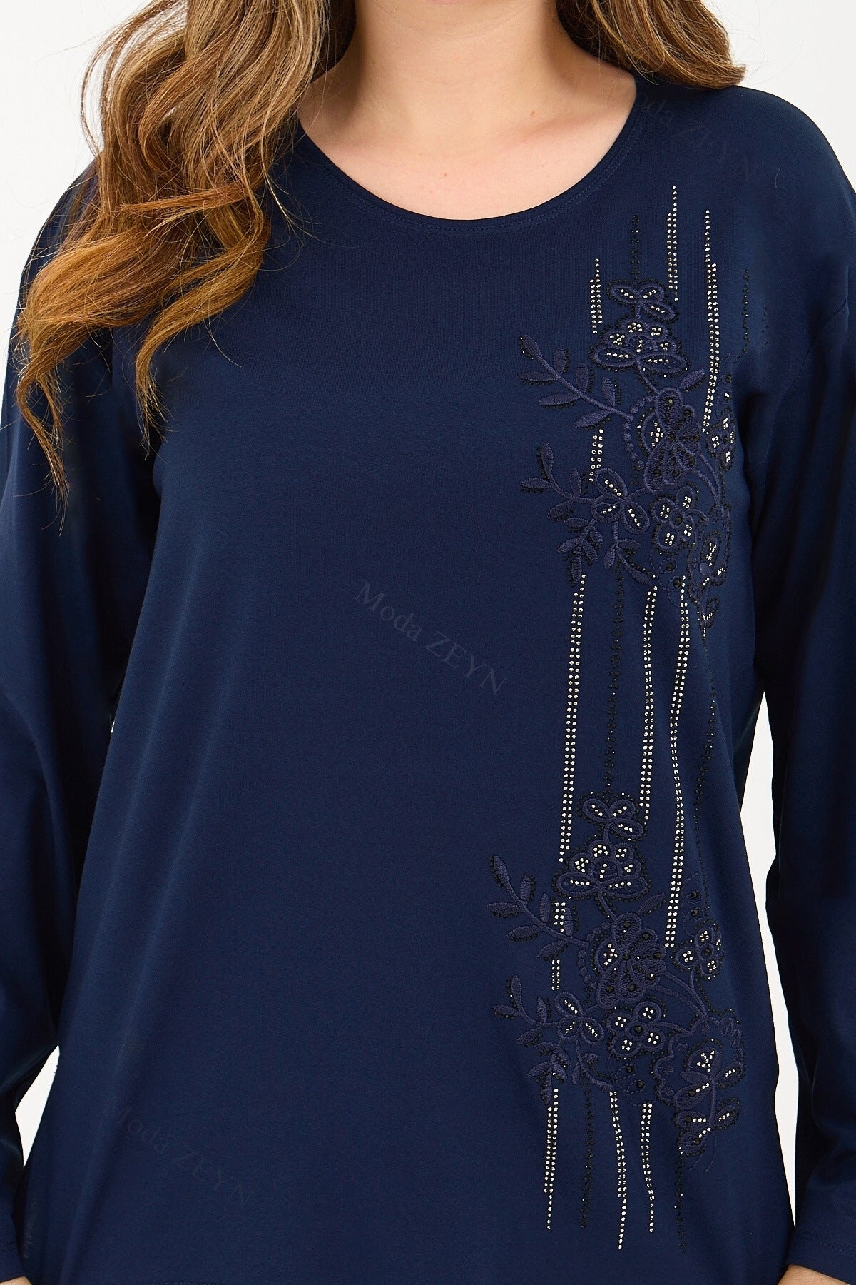 Kadın Orta Yaş Ve Üzeri Viskon Şerit Desen Taşlı Işlemeli Likralı Koyu Kahverengi Anne Penye Bluz