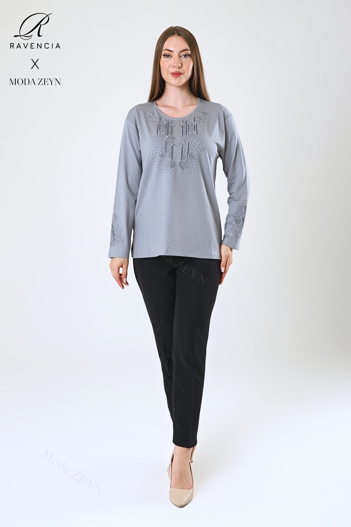 Kadın Çift Damla Dal Desenli Taşlı Işlemeli Yırtmaçlı Likralı Viskon Anne Penye Bluz