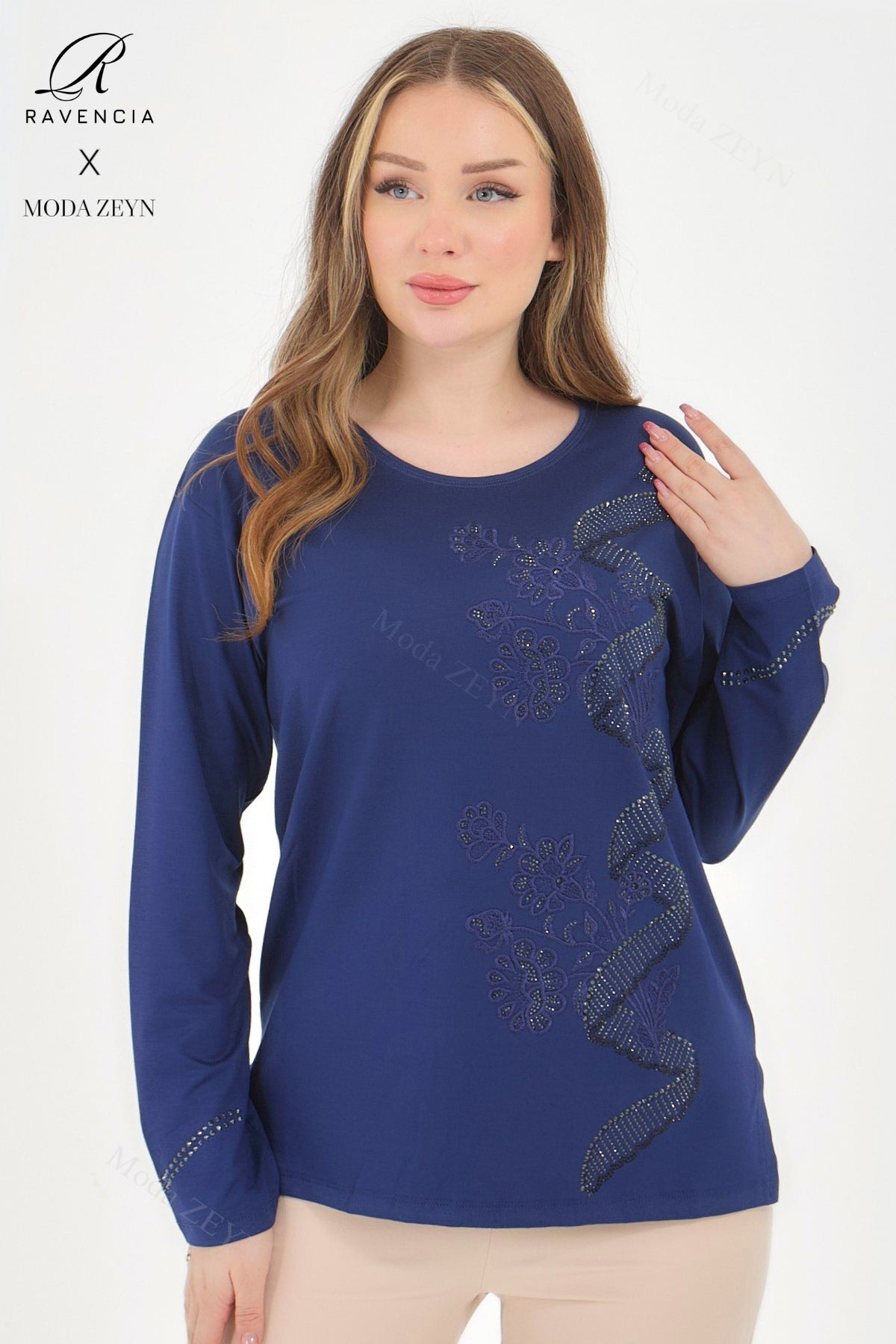 Kadın Viskon Sarmal Desen Taşlı İşlemeli Likralı Anne Penye Bluz