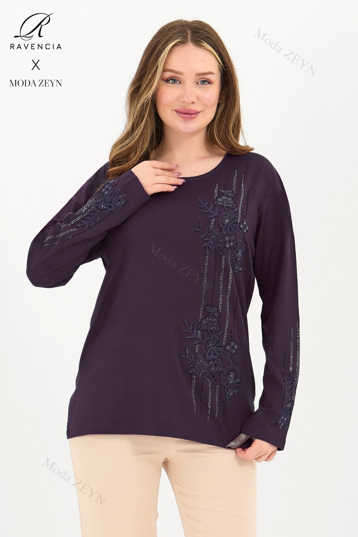 Kadın Orta Yaş Ve Üzeri Viskon Şerit Desen Taşlı Işlemeli Likralı Koyu Kahverengi Anne Penye Bluz