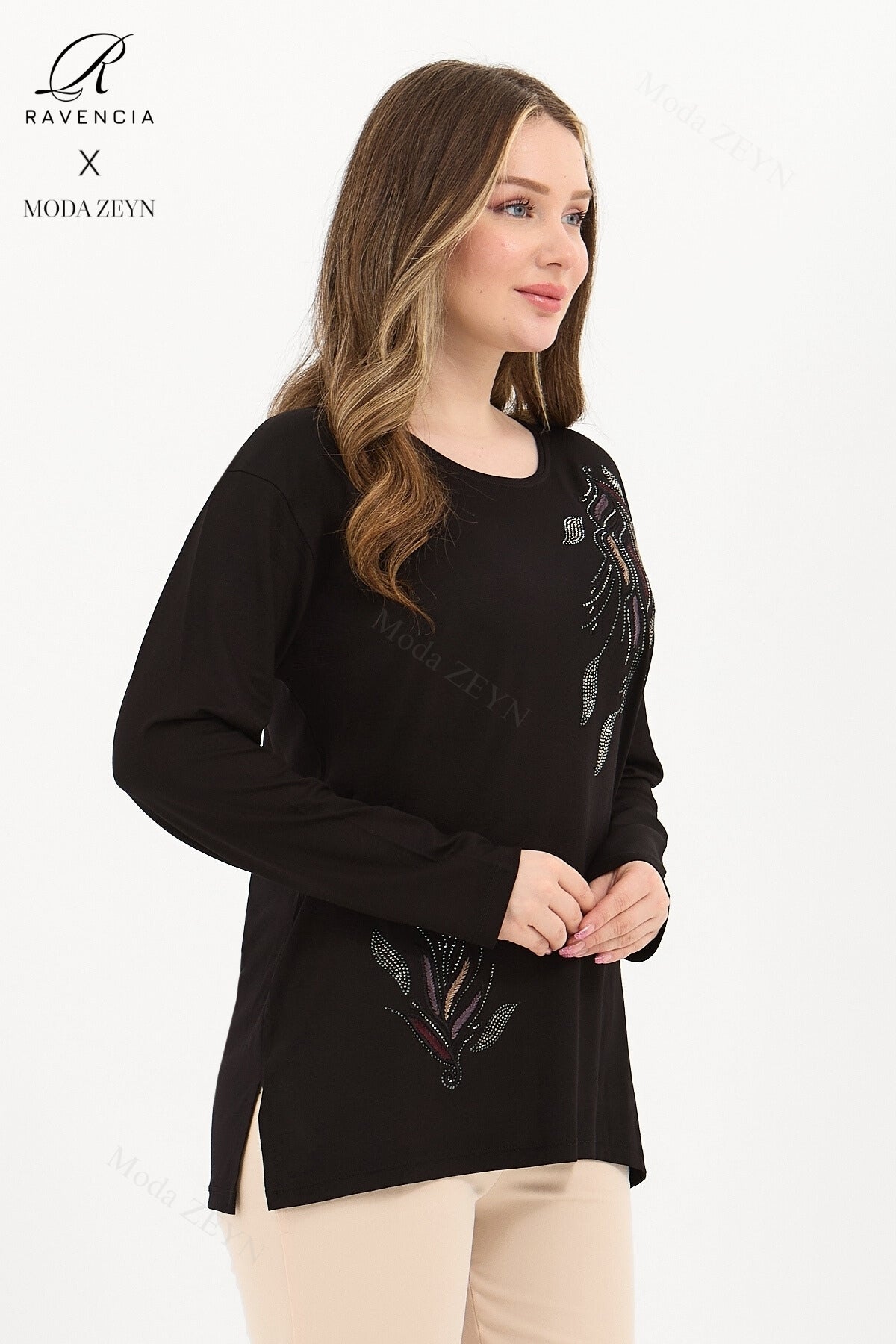 Kadın Viskon Renkli Yaprak Desen Taşlı İşlemeli Likralı Anne Penye Bluz