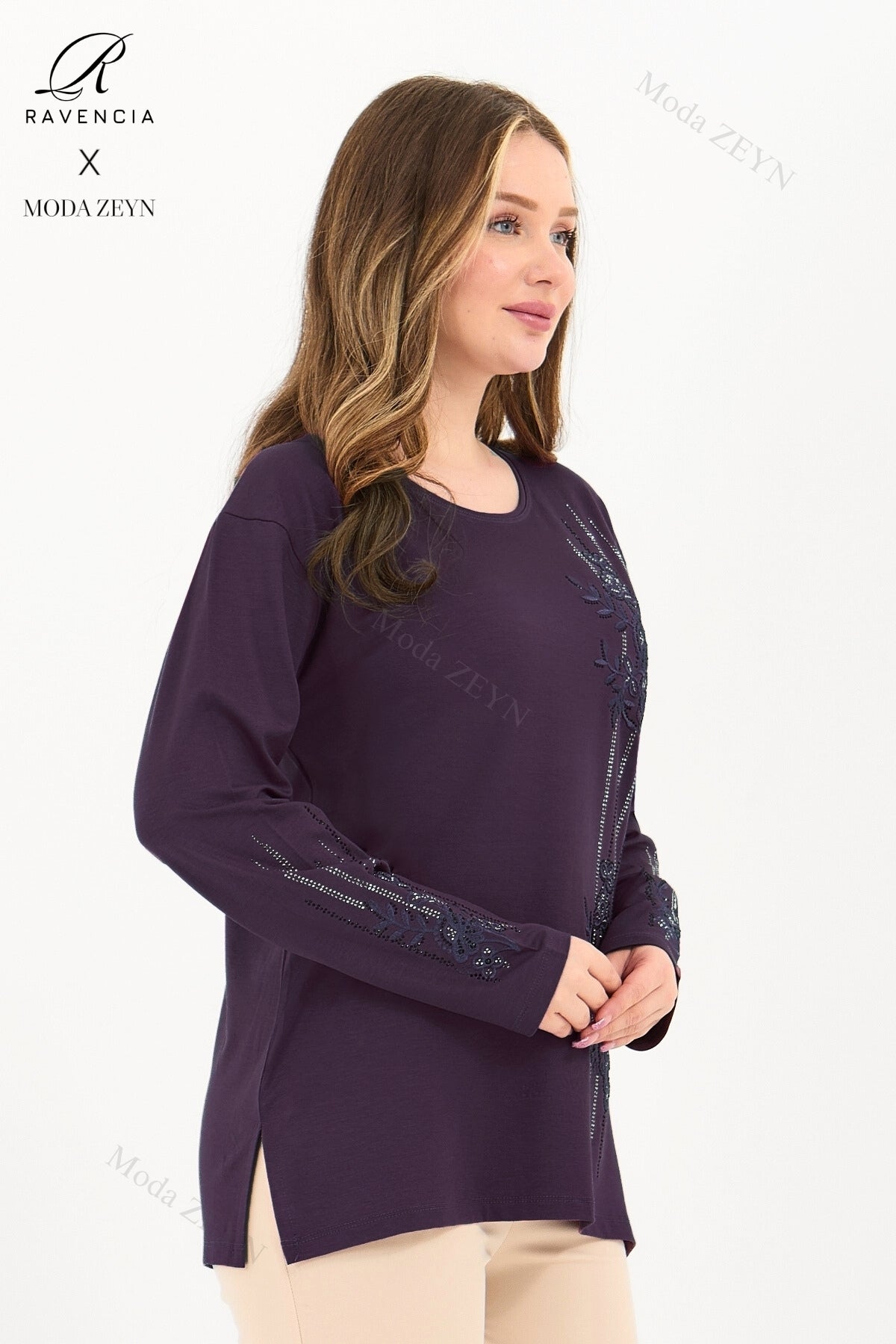 Kadın Orta Yaş Ve Üzeri Viskon Şerit Desen Taşlı Işlemeli Likralı Koyu Kahverengi Anne Penye Bluz