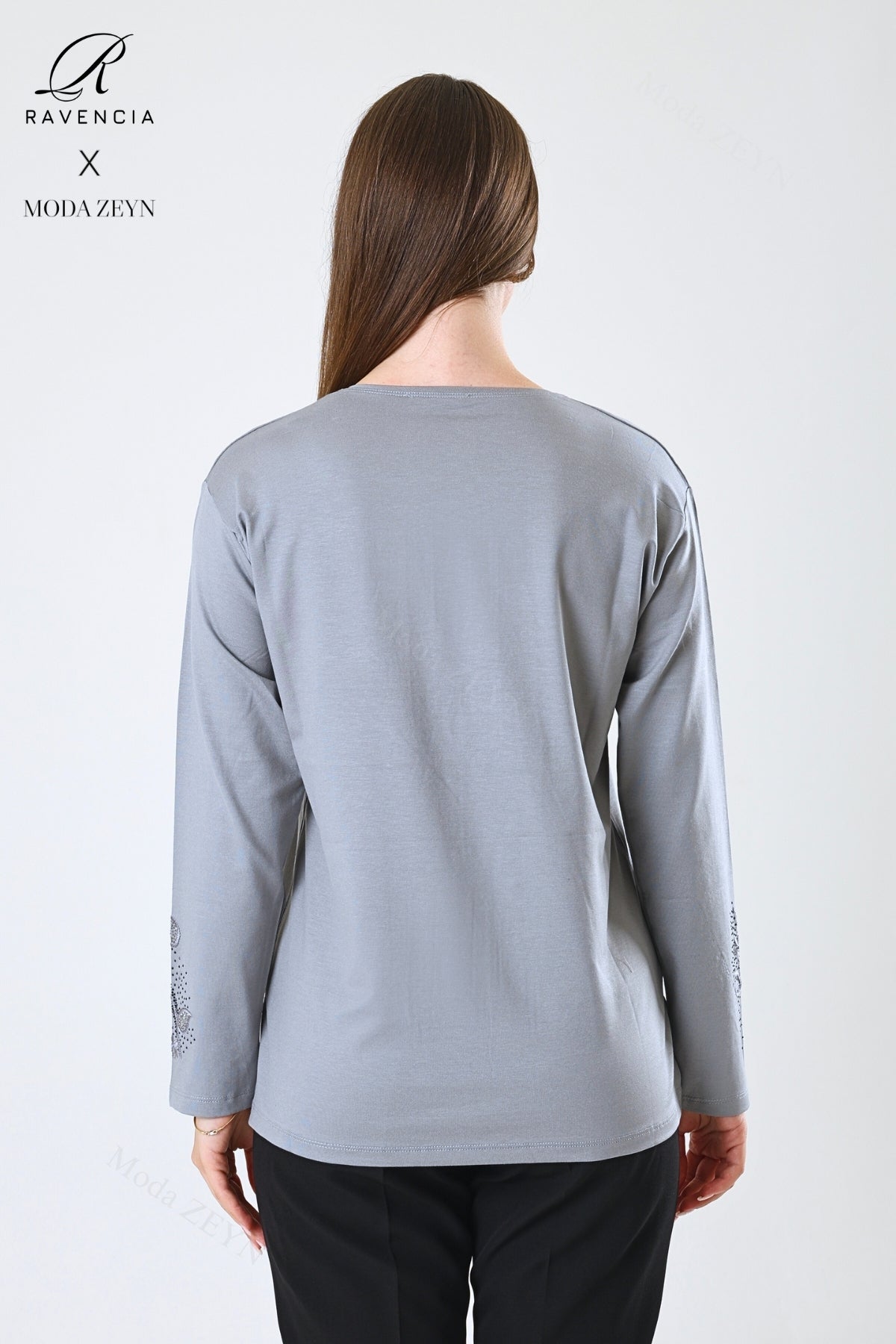 Kadın Çift Damla Dal Desenli Taşlı Işlemeli Yırtmaçlı Likralı Viskon Anne Penye Bluz