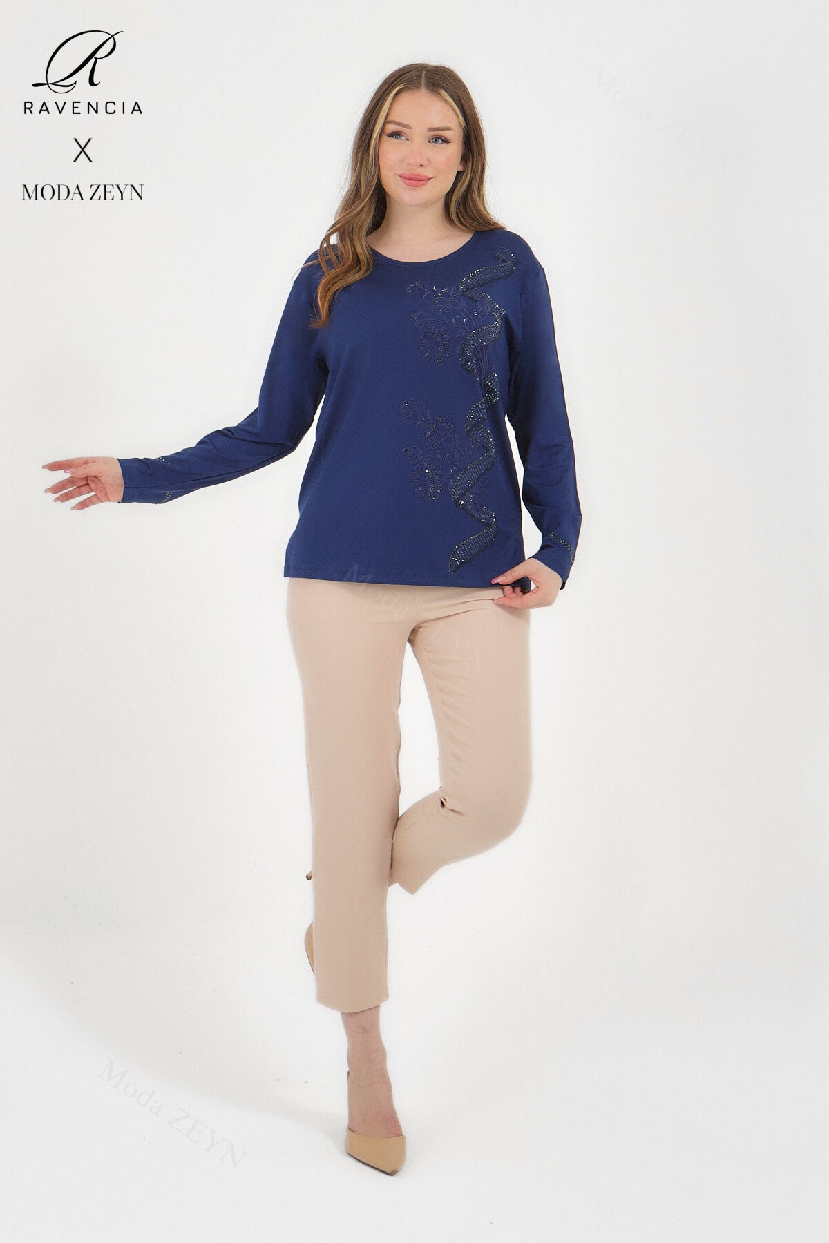 Kadın Viskon Sarmal Desen Taşlı İşlemeli Likralı Anne Penye Bluz