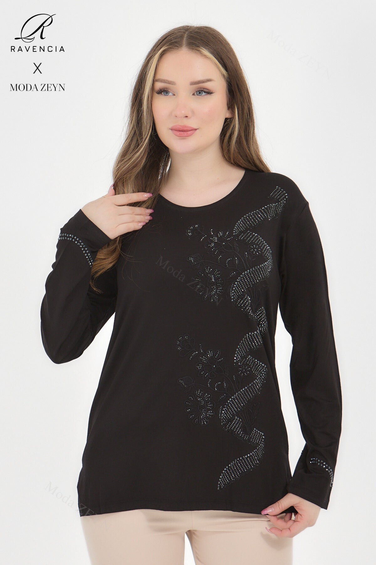 Kadın Viskon Sarmal Desen Taşlı İşlemeli Likralı Anne Penye Bluz