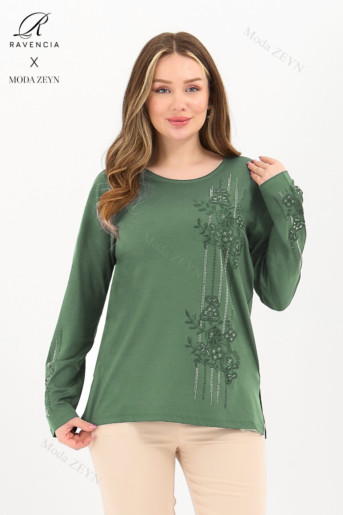 Kadın Orta Yaş Ve Üzeri Viskon Şerit Desen Taşlı Işlemeli Likralı Koyu Kahverengi Anne Penye Bluz