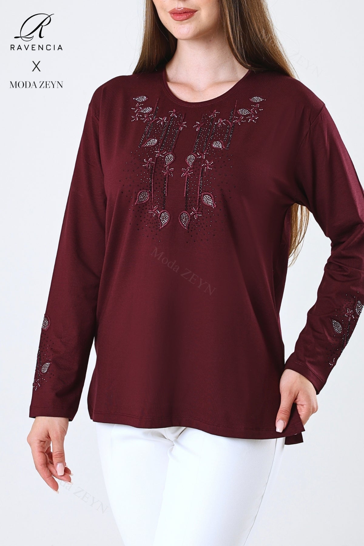 Kadın Çift Damla Dal Desenli Taşlı Işlemeli Yırtmaçlı Likralı Viskon Anne Penye Bluz