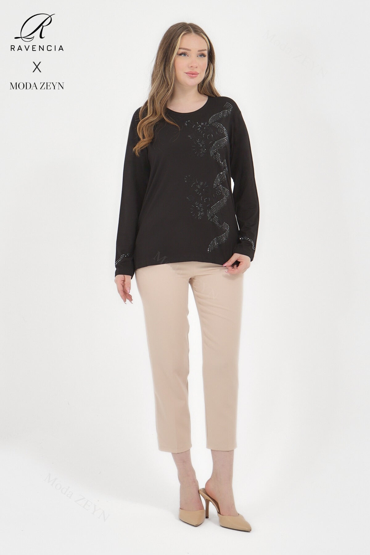 Kadın Orta Yaş Ve Üzeri Viskon Sarmal Desen Taşlı İşlemeli Likralı Yesil Anne Penye Bluz