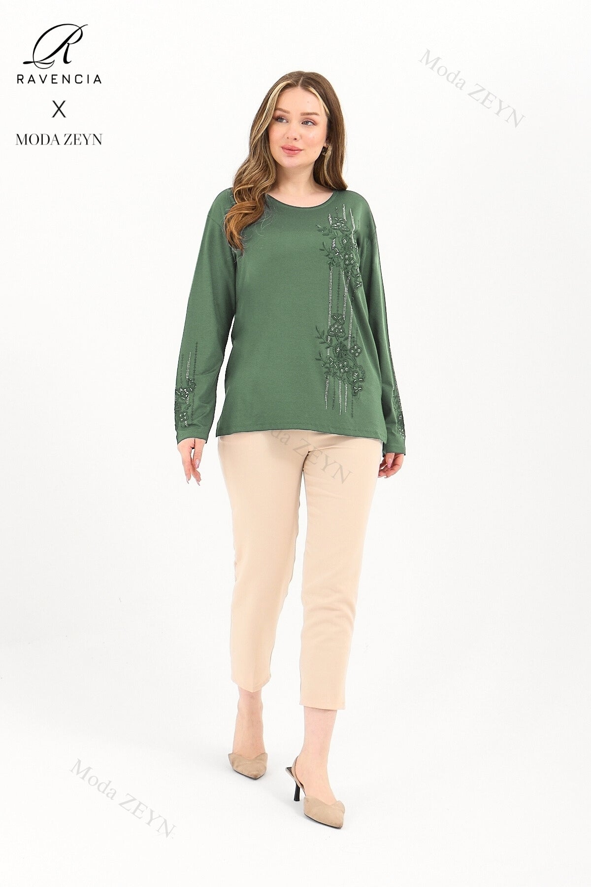 Kadın Orta Yaş Ve Üzeri Viskon Şerit Desen Taşlı Işlemeli Likralı Koyu Kahverengi Anne Penye Bluz