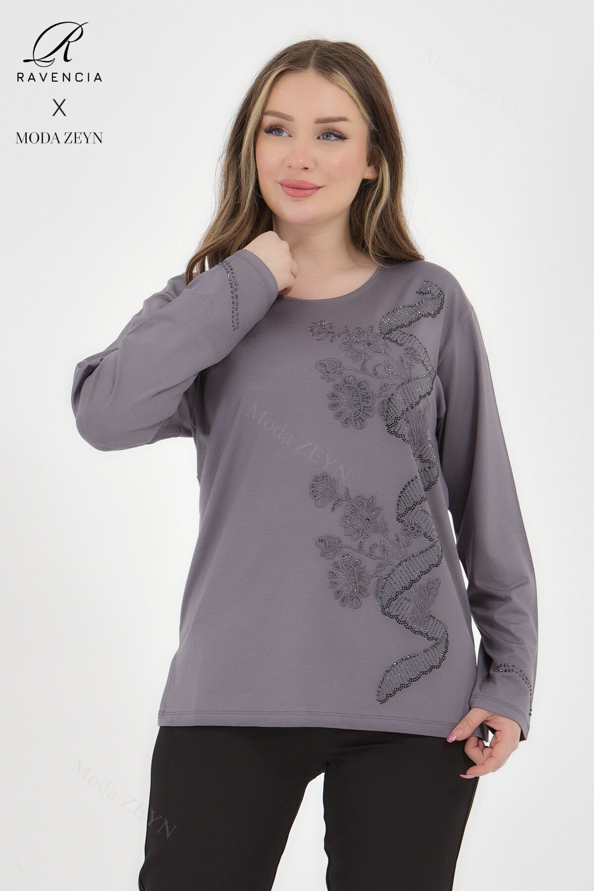 Kadın Orta Yaş Ve Üzeri Viskon Sarmal Desen Taşlı İşlemeli Likralı Yesil Anne Penye Bluz