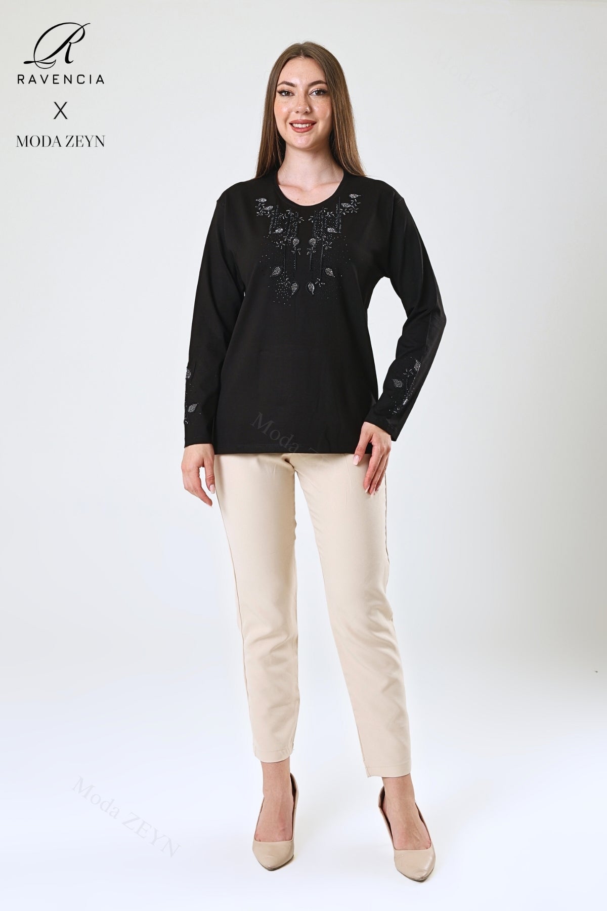 Kadın Çift Damla Dal Desenli Taşlı Işlemeli Yırtmaçlı Likralı Viskon Anne Penye Bluz