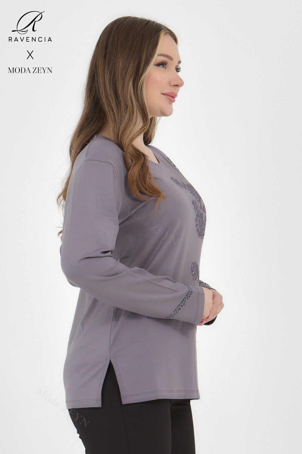 Kadın Viskon Sarmal Desen Taşlı İşlemeli Likralı Anne Penye Bluz