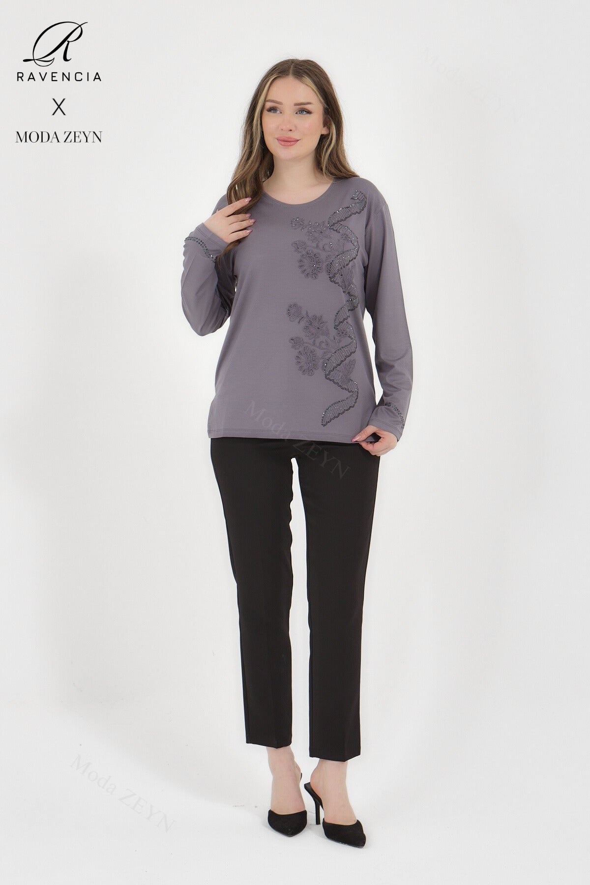 Kadın Orta Yaş Ve Üzeri Viskon Sarmal Desen Taşlı İşlemeli Likralı Yesil Anne Penye Bluz