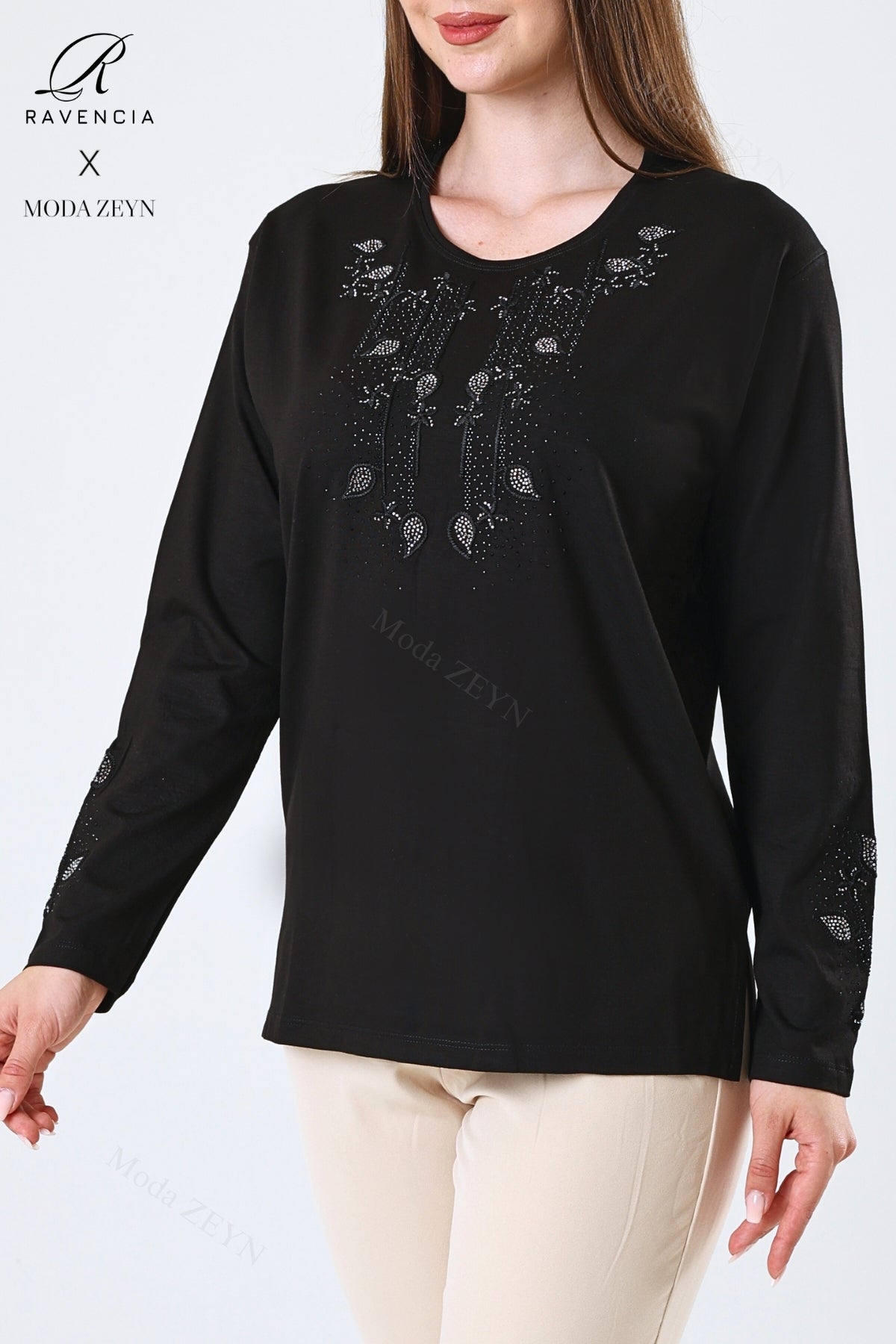 Kadın Çift Damla Dal Desenli Taşlı Işlemeli Yırtmaçlı Likralı Viskon Anne Penye Bluz