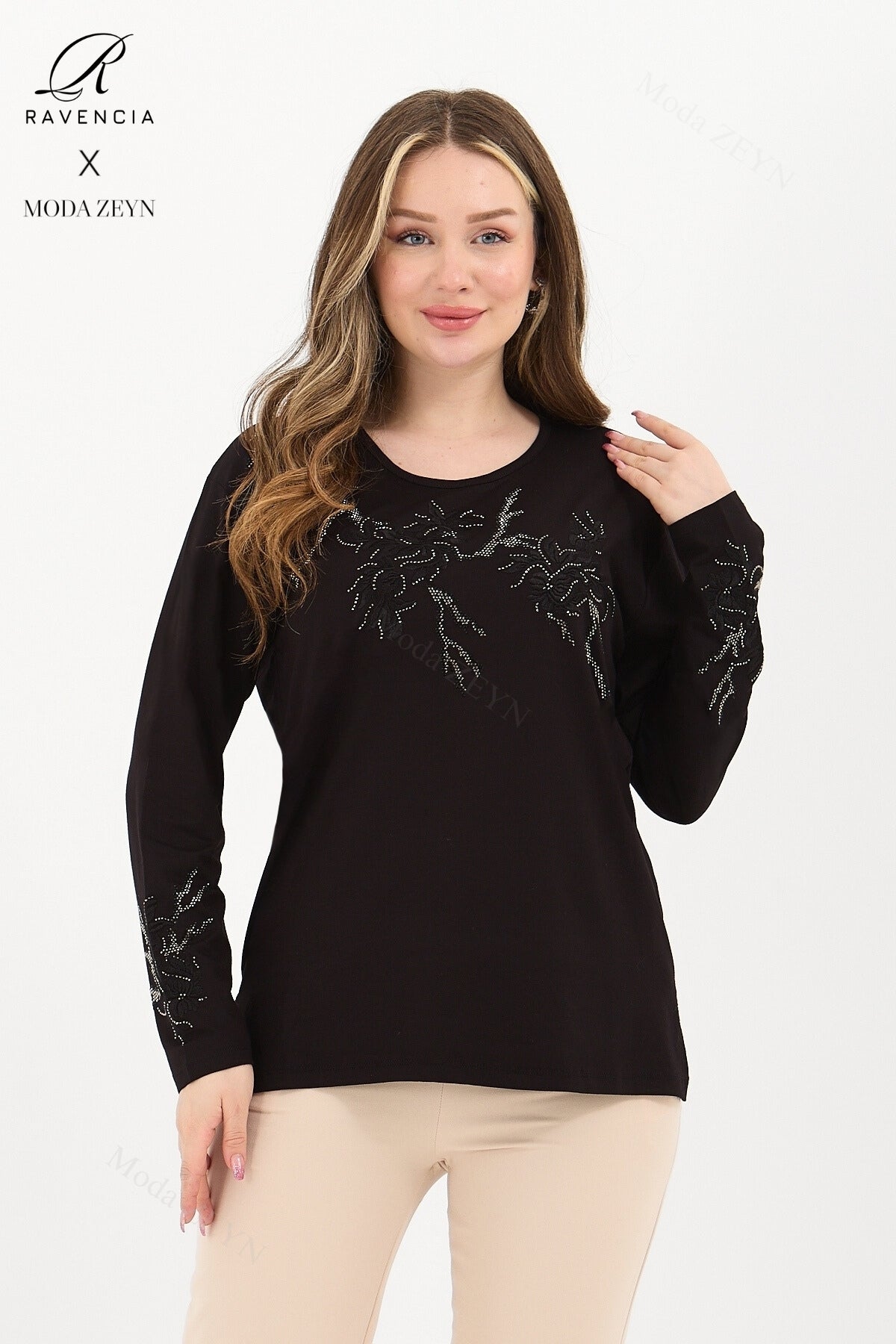 Kadın Viskon Ağaç Desen Taşlı Işlemeli Likralı Anne Penye Bluz