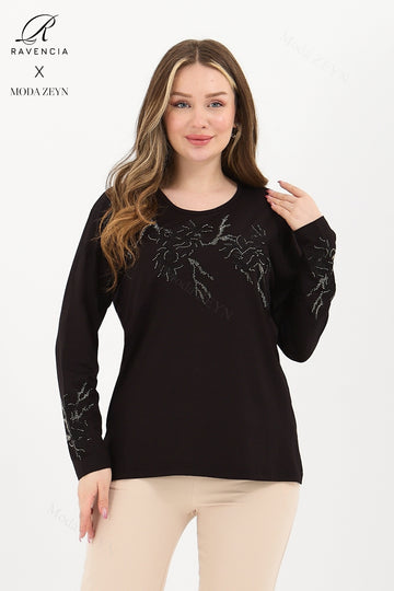 Kadın Viskon Ağaç Desen Taşlı Işlemeli Likralı Anne Penye Bluz