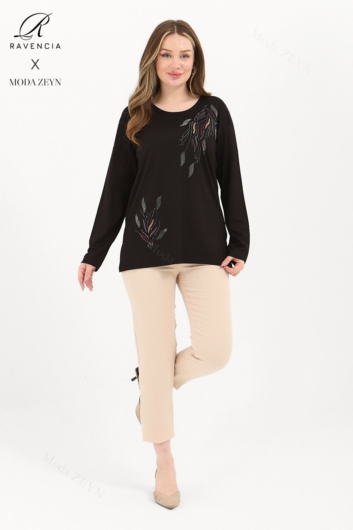 Kadın Viskon Renkli Yaprak Desen Taşlı İşlemeli Likralı Anne Penye Bluz