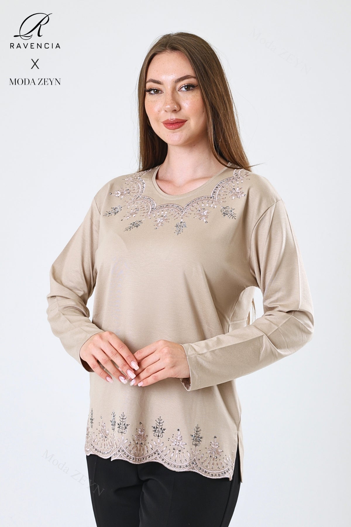 Kadın Orta Yaş Ve Üzeri Viskon Yaprak Desenli Eteği Yakası Taşlı Işlemeli Likralı Zümrüt Anne Penye