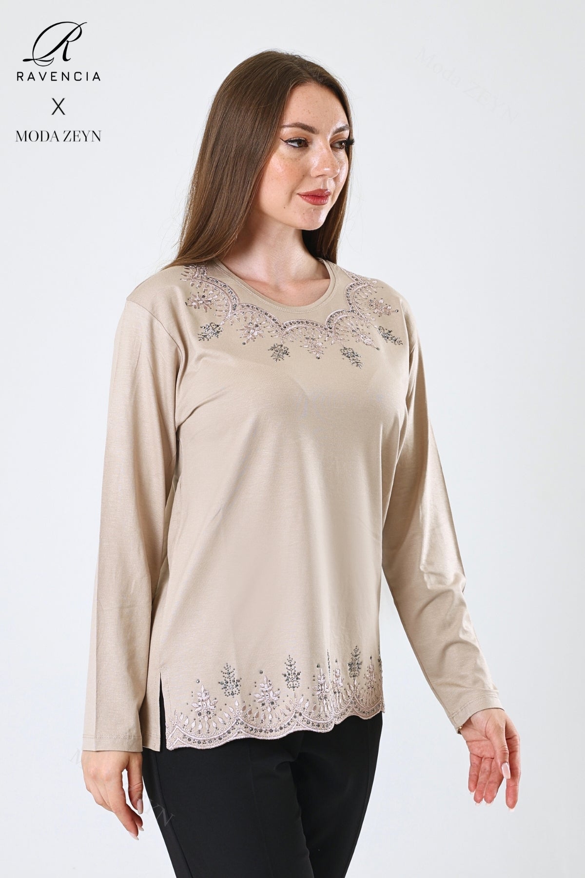 Kadın Orta Yaş Ve Üzeri Viskon Yaprak Desenli Eteği Yakası Taşlı Işlemeli Likralı Zümrüt Anne Penye