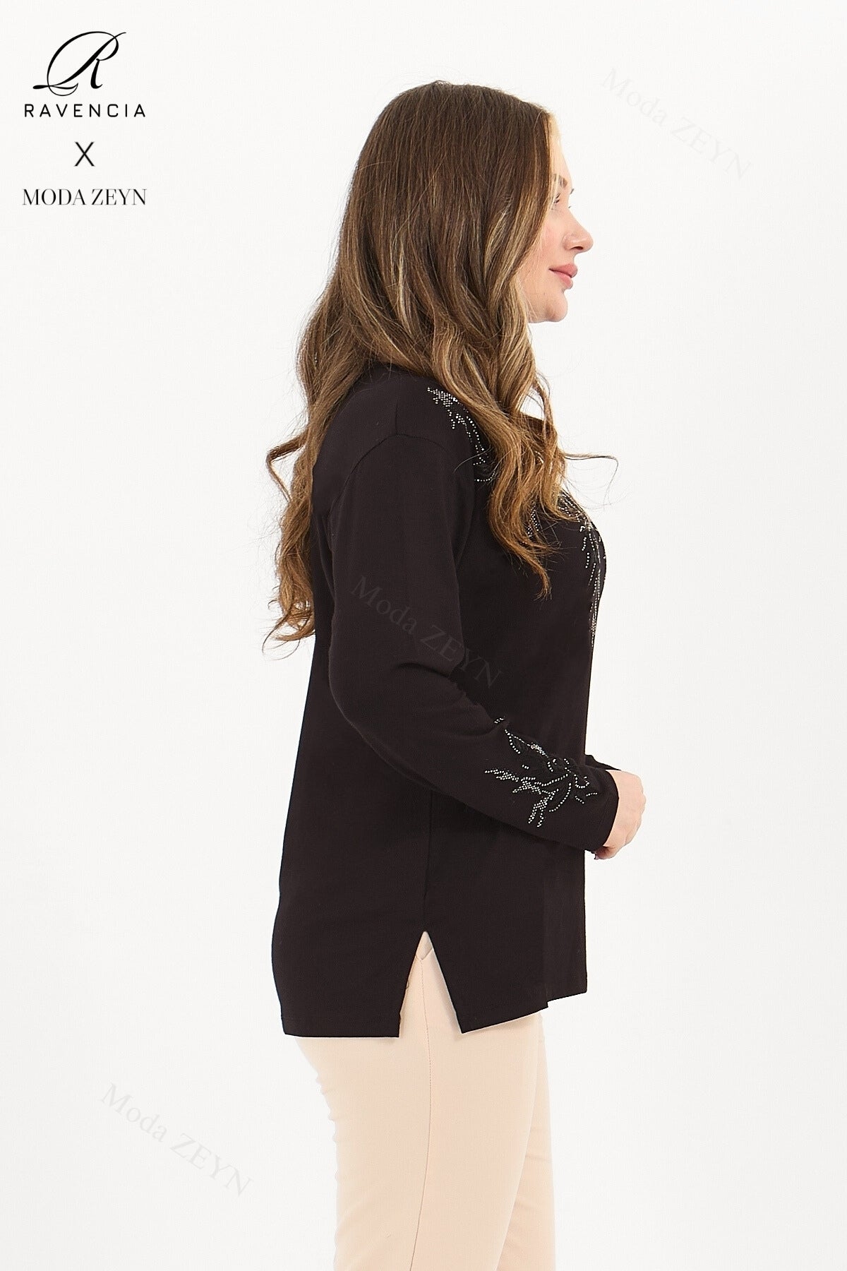 Kadın Orta Yaş Ve Üzeri Viskon Ağaç Desen Taşlı Işlemeli Likralı Anne Penye Bluz